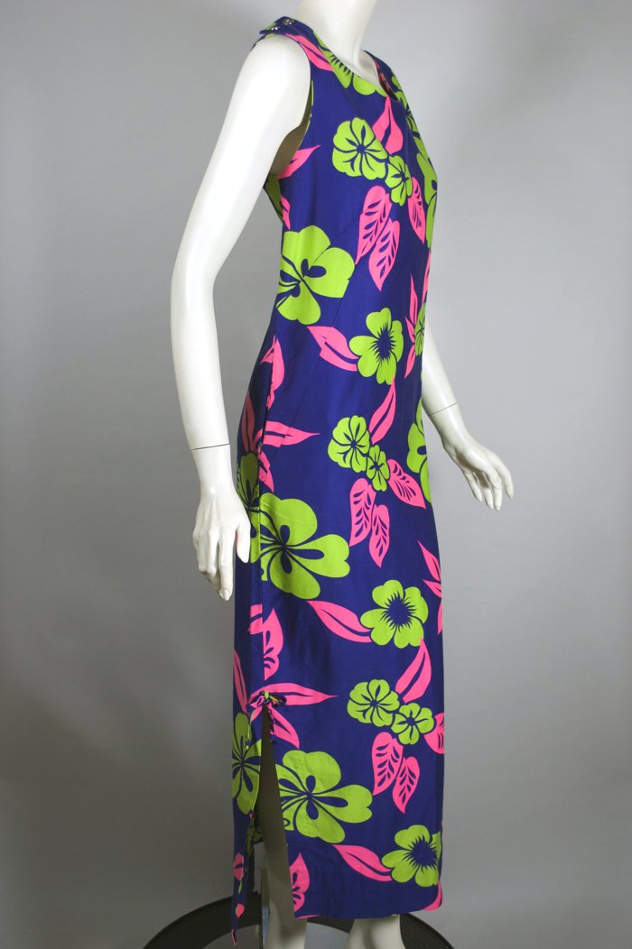 Vintage 60s Neon Floral Hawaiian Print Cotton Maxi Shift Dress | Shop ...
