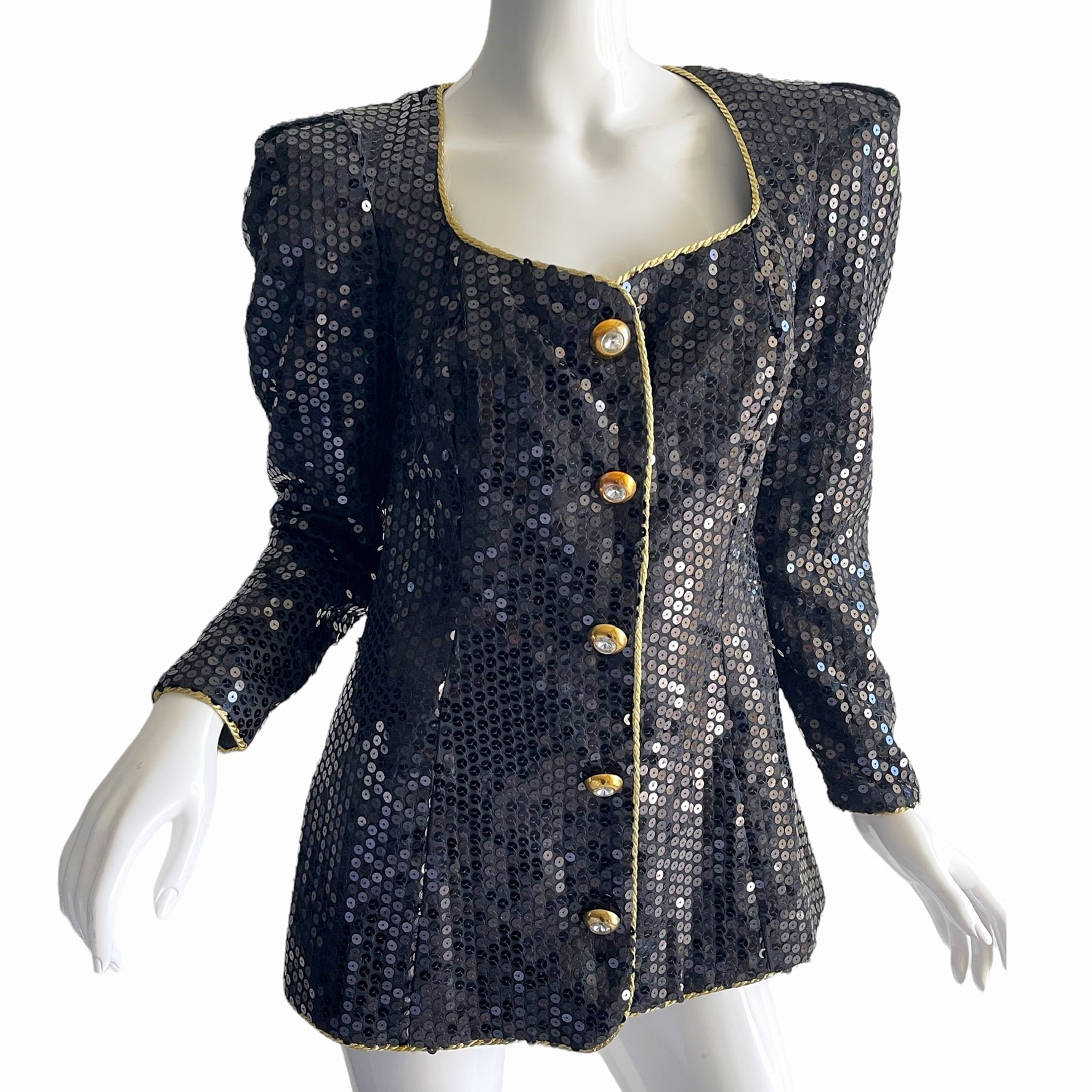 Vintage 80s Sequin Jacket Black Silver 12
