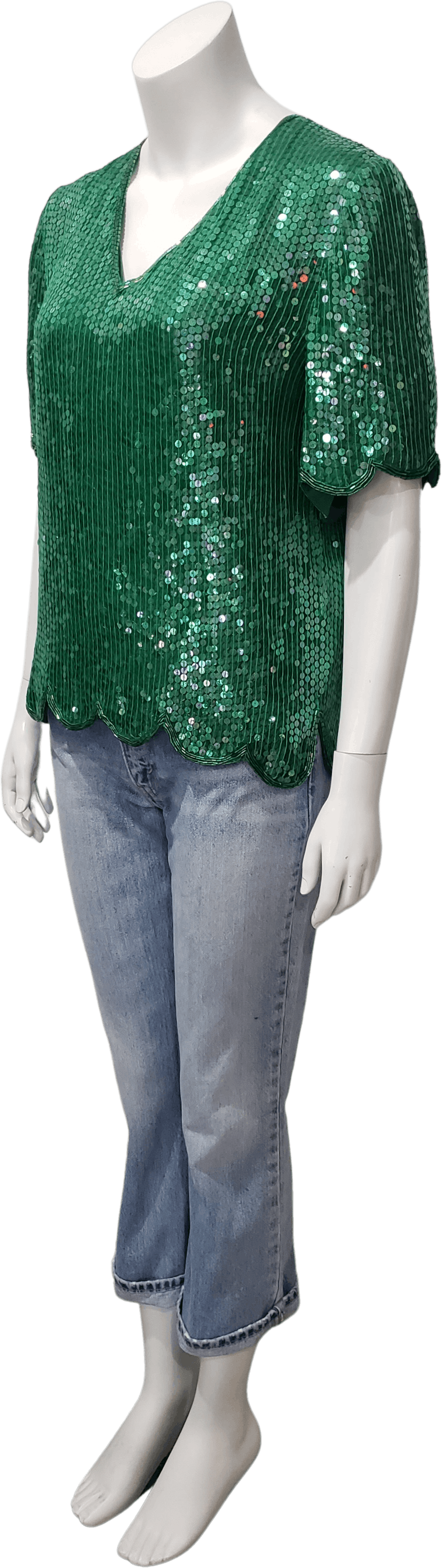 Vintage 80s Emerald Green Sequin Scallop Beaded Blouse By Megere Shop Thrilling 7658