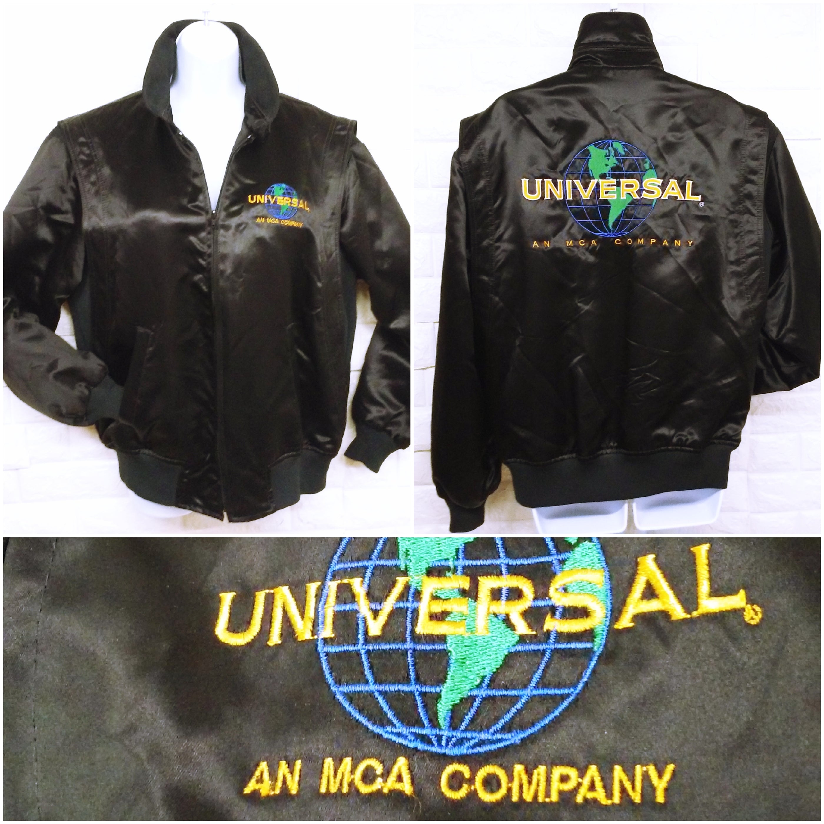 Vintage 80s Satin Bomber Moto Jacket Embroidered Logo Pockets By