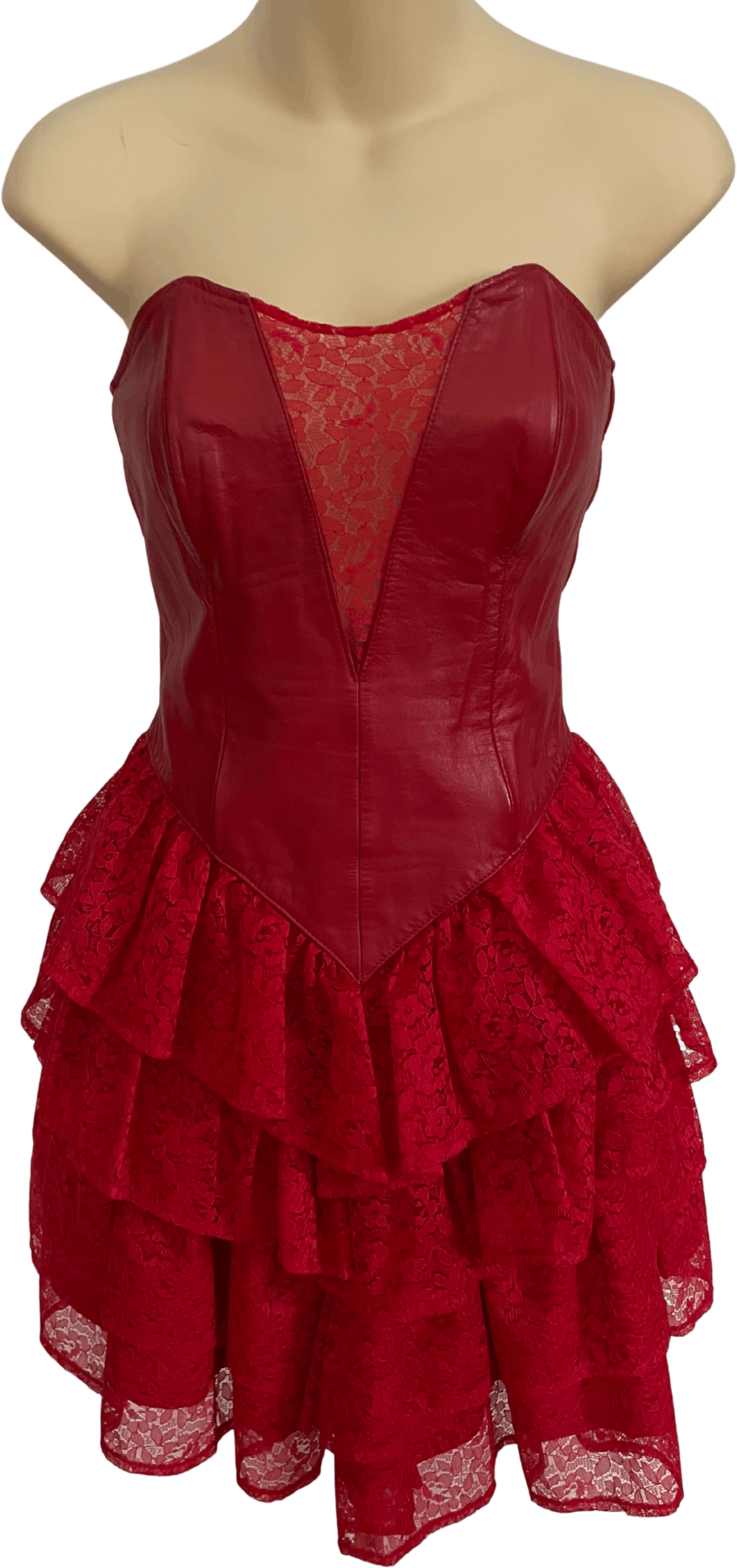 Vintage 80’s Red Leather and Lace Dress by Chia Shop THRILLING