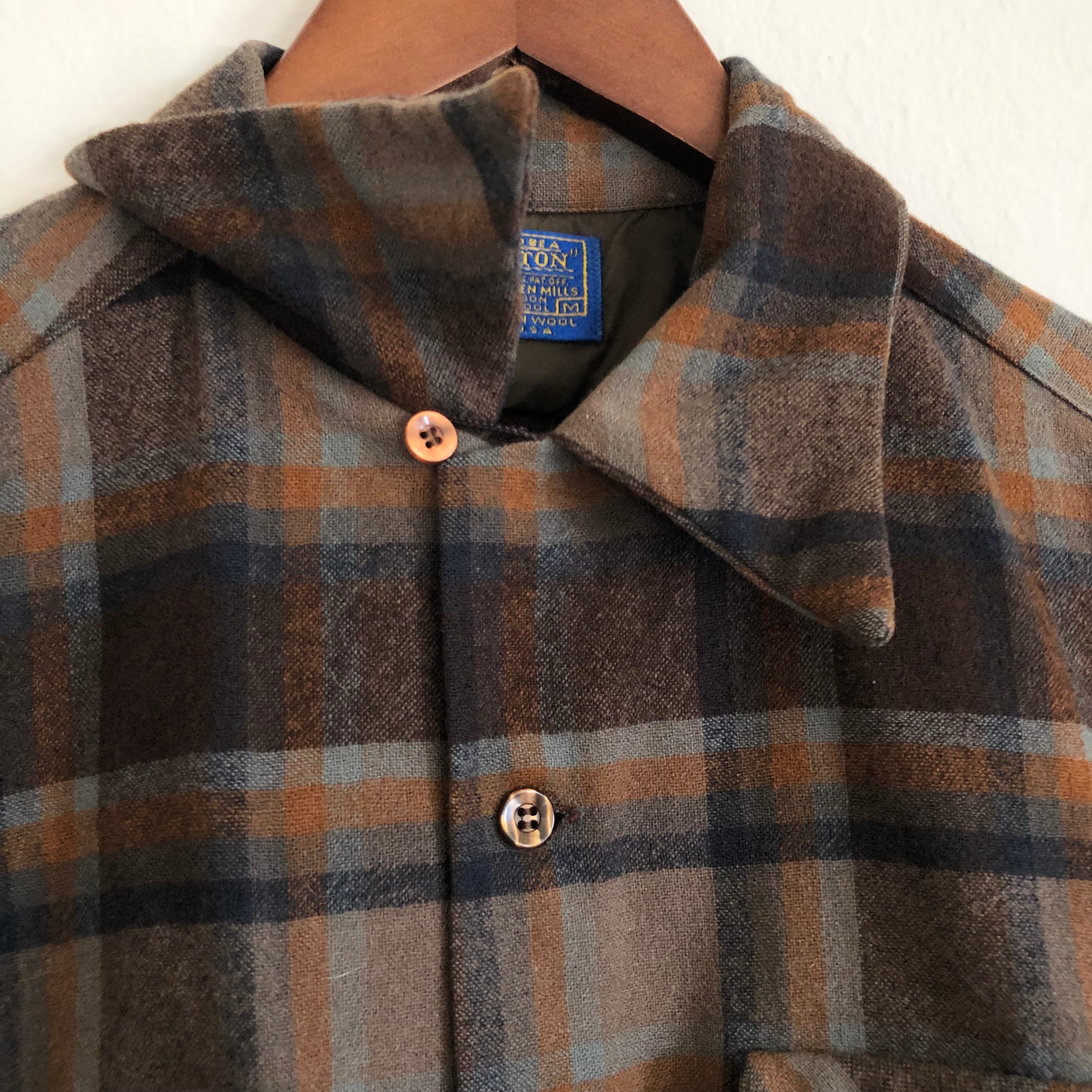 50s/60s Vintage Brown Plaid Wool Flannel Loop Collar Shirt By