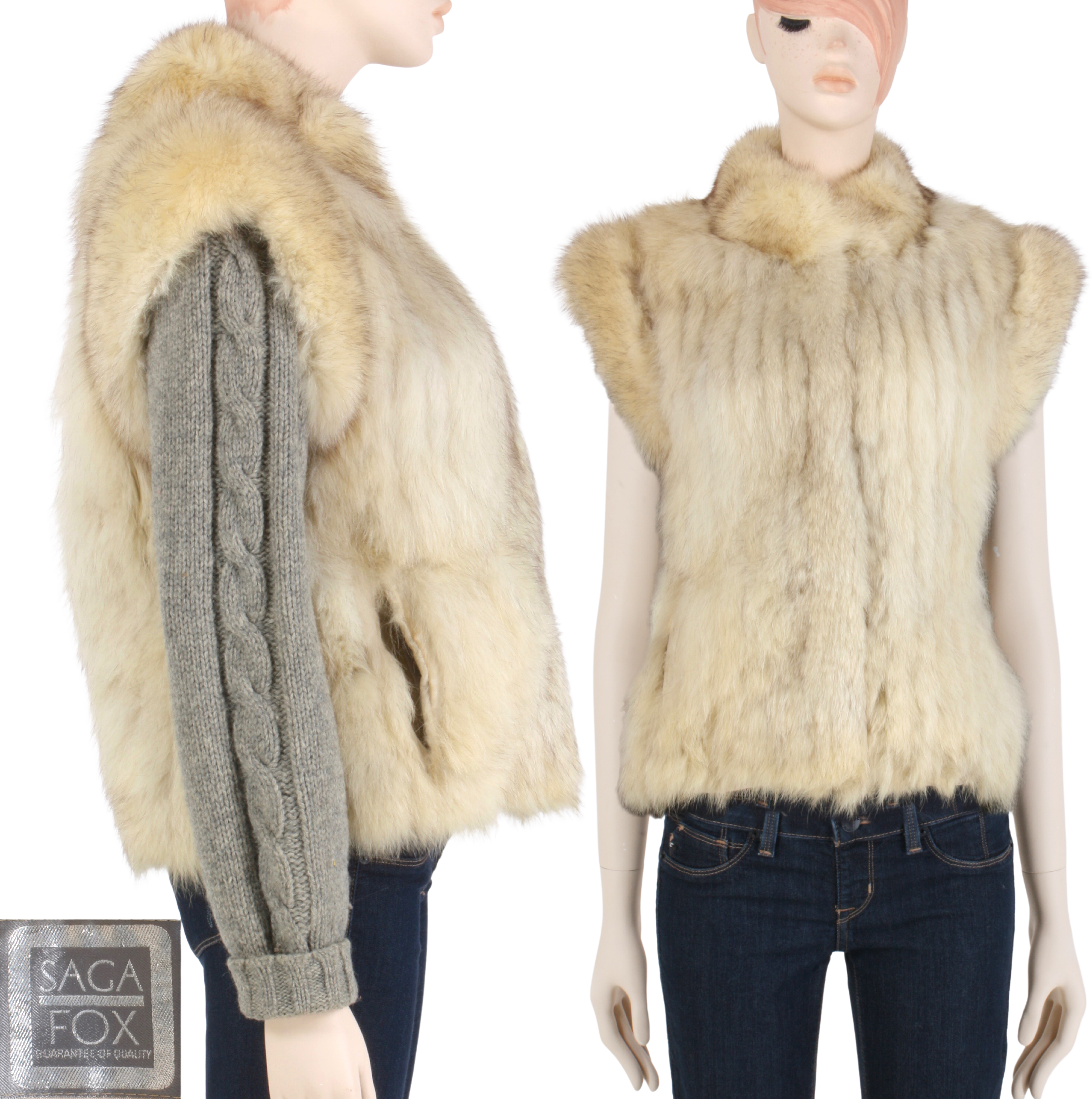 Vintage 80s/90s Fox Fur Jacket Coat Vest With Zip Out Knit Sleeves