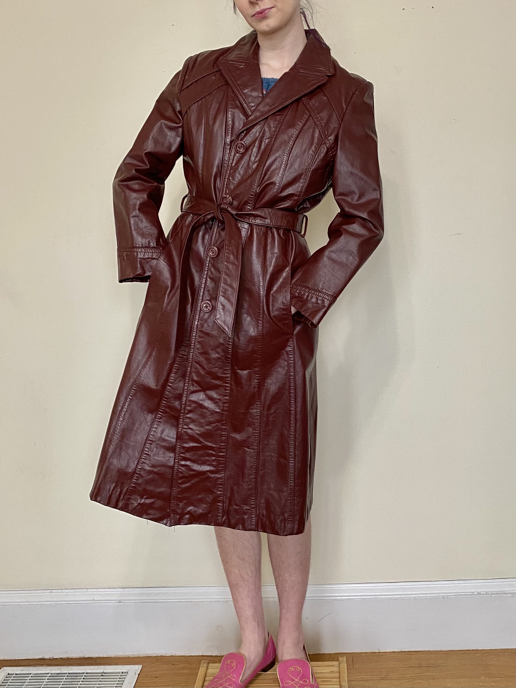 70s Red Leather Trench Coat