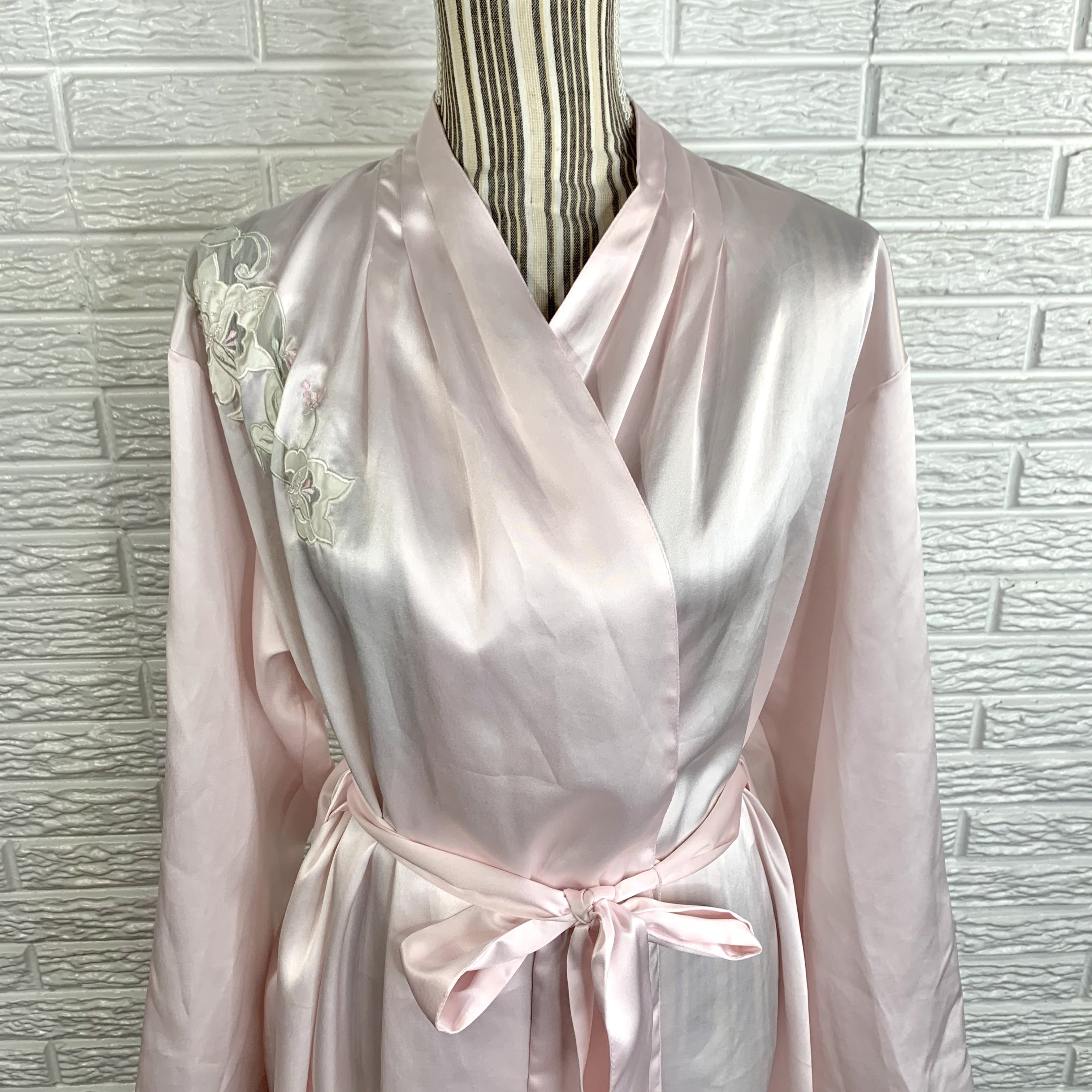 Vintage Pink Satin Robe with Floral Embroidery by Vandemere Shop