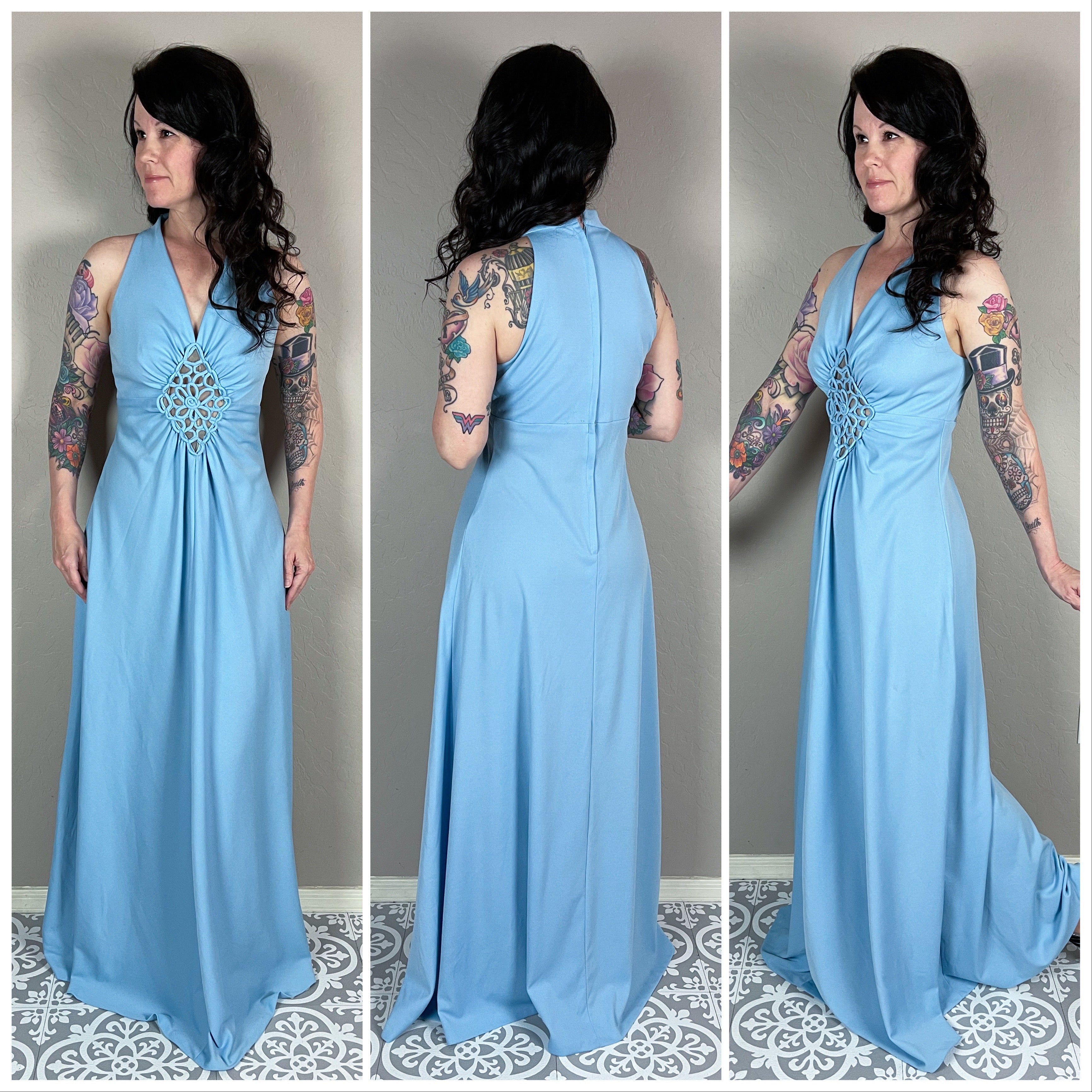 1970s Iconic Hooded Maxi Dress in Metallic Blue Knit