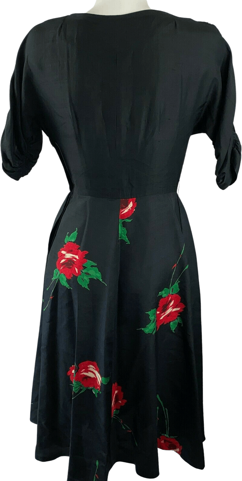 Vintage 40's Black Rose Printed Silk Dress Applique Floral Detail Side