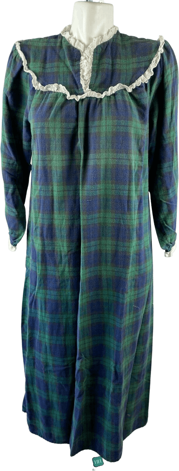 Vintage 90s Green Blue Plaid Long Sleeve Ruffle Night Gown By Lanz Of