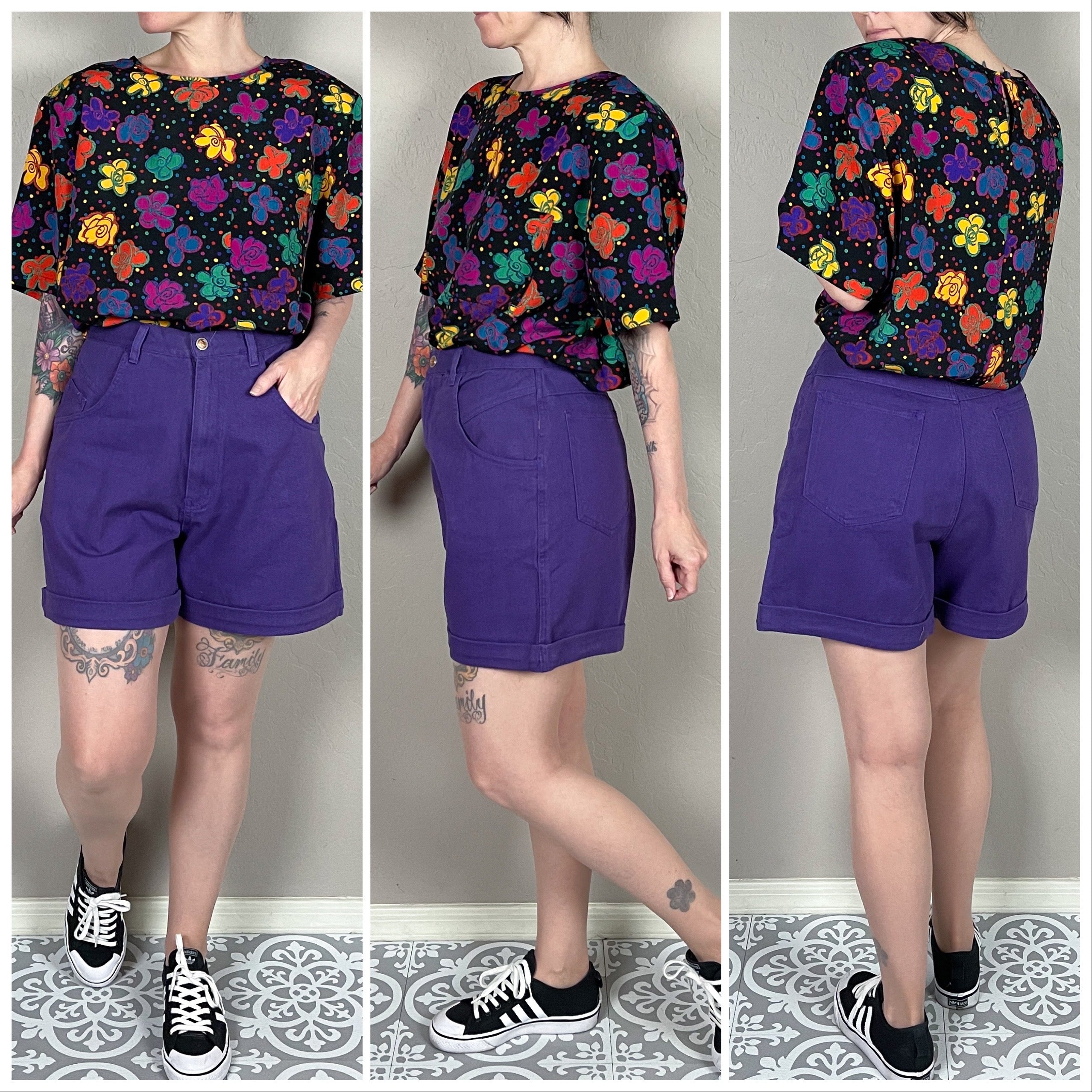 NoteworthyGarments 90's Vintage High Rise Purple Denim Shorts / Size 27