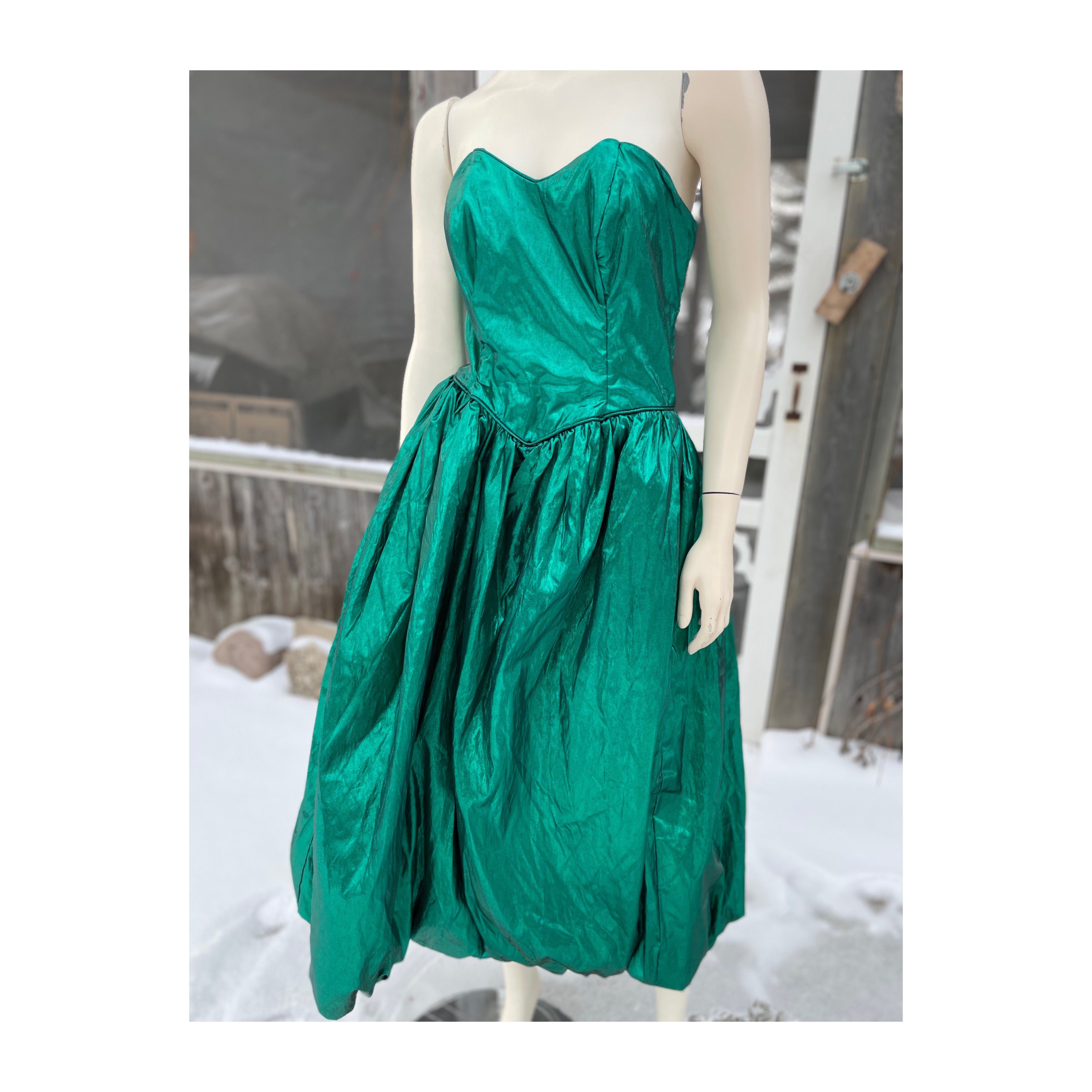 Vintage 80s Emerald Green Lamé Metallic Foil Formal Dress Shop Thrilling 3203