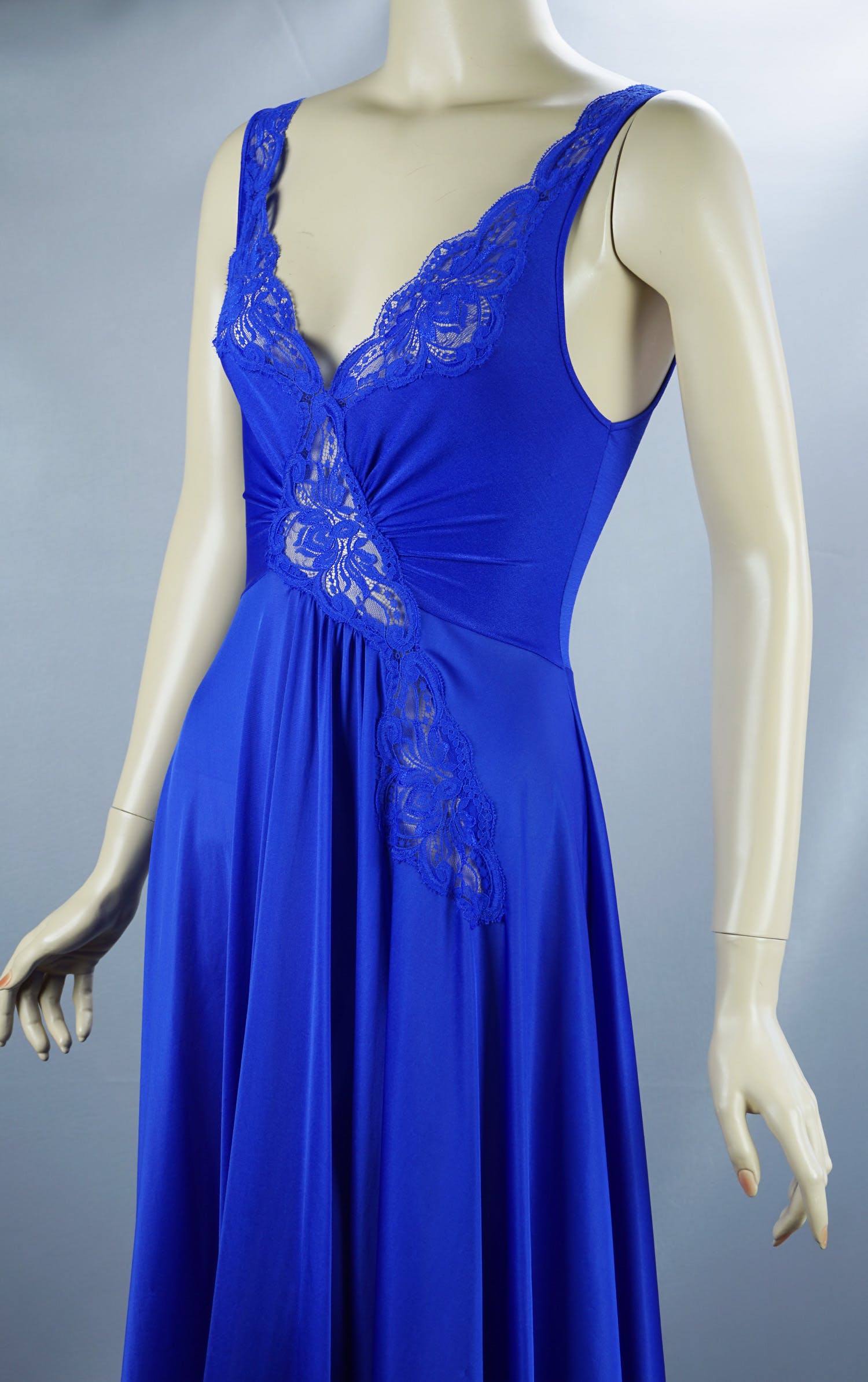 Vintage 80s Blue With Lace Detail Full Sweep Nightgown By Olga