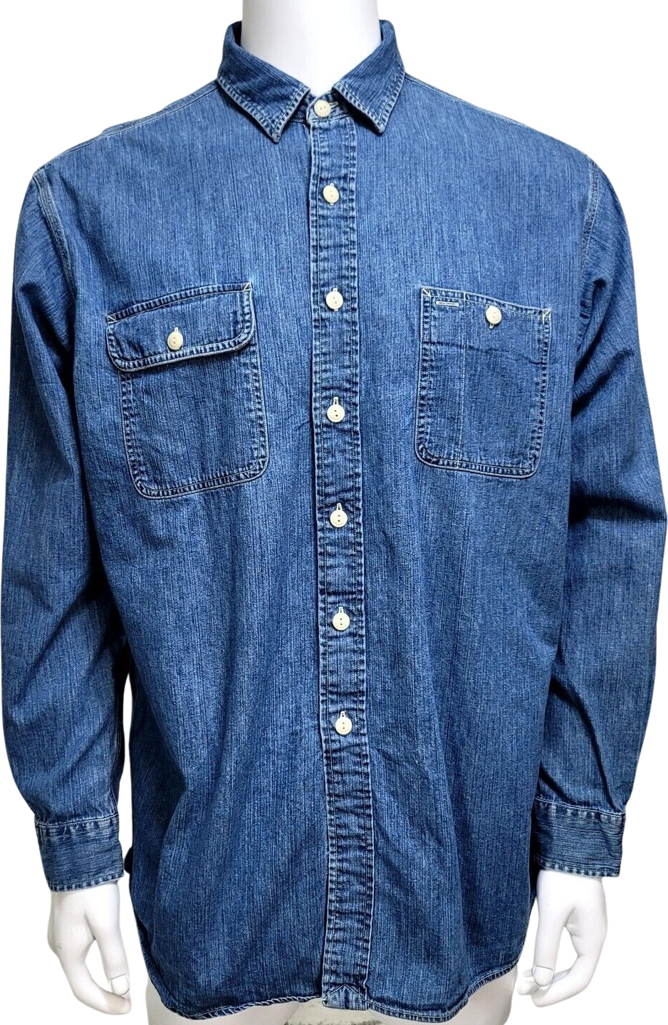 Vintage 80s Dungaree Work Shirt Denim Long Sleeve Button Front By