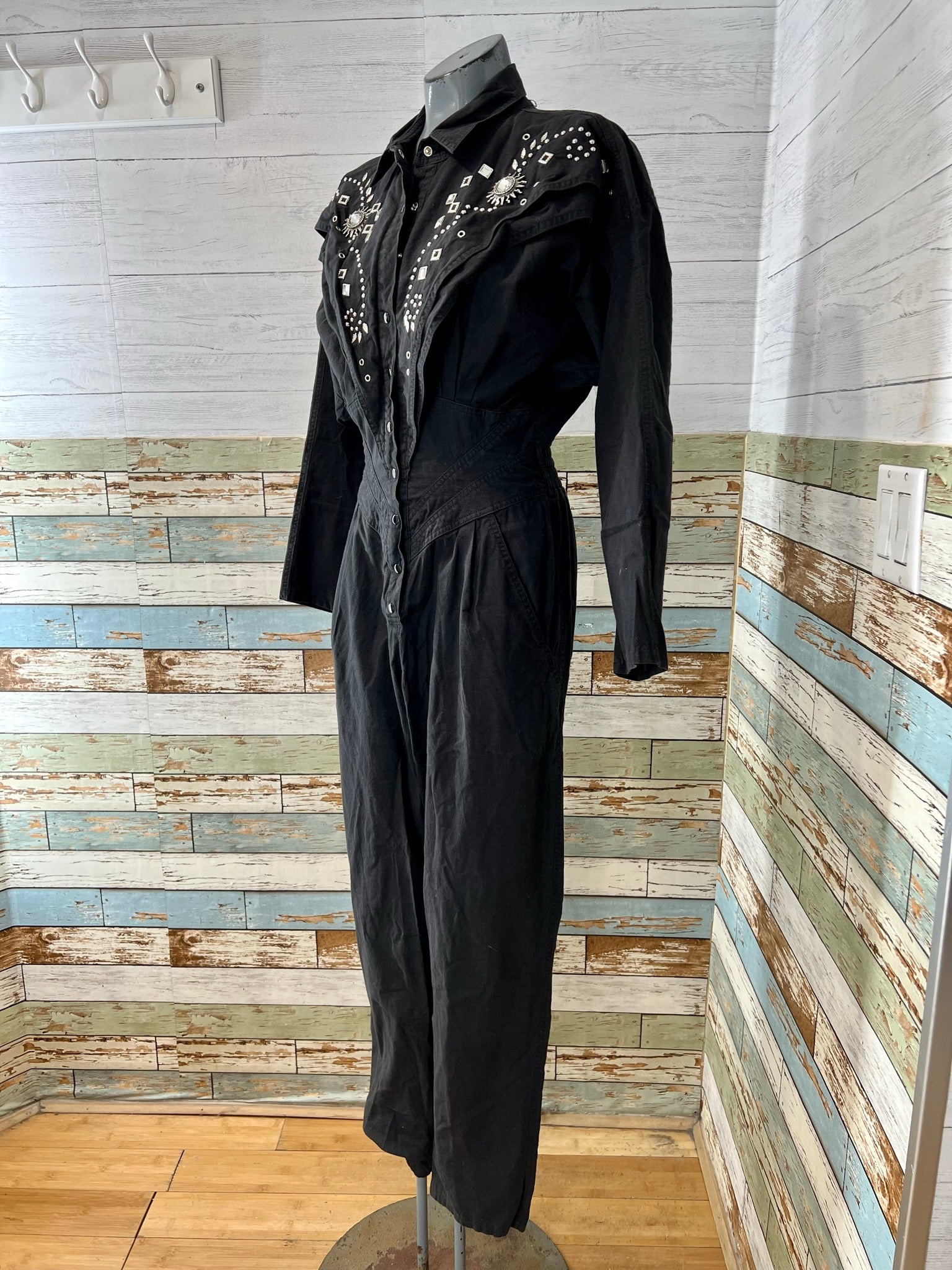 Vintage 80s Black Polyester Sweetheart Neckline Long Sleeve Jumpsuit