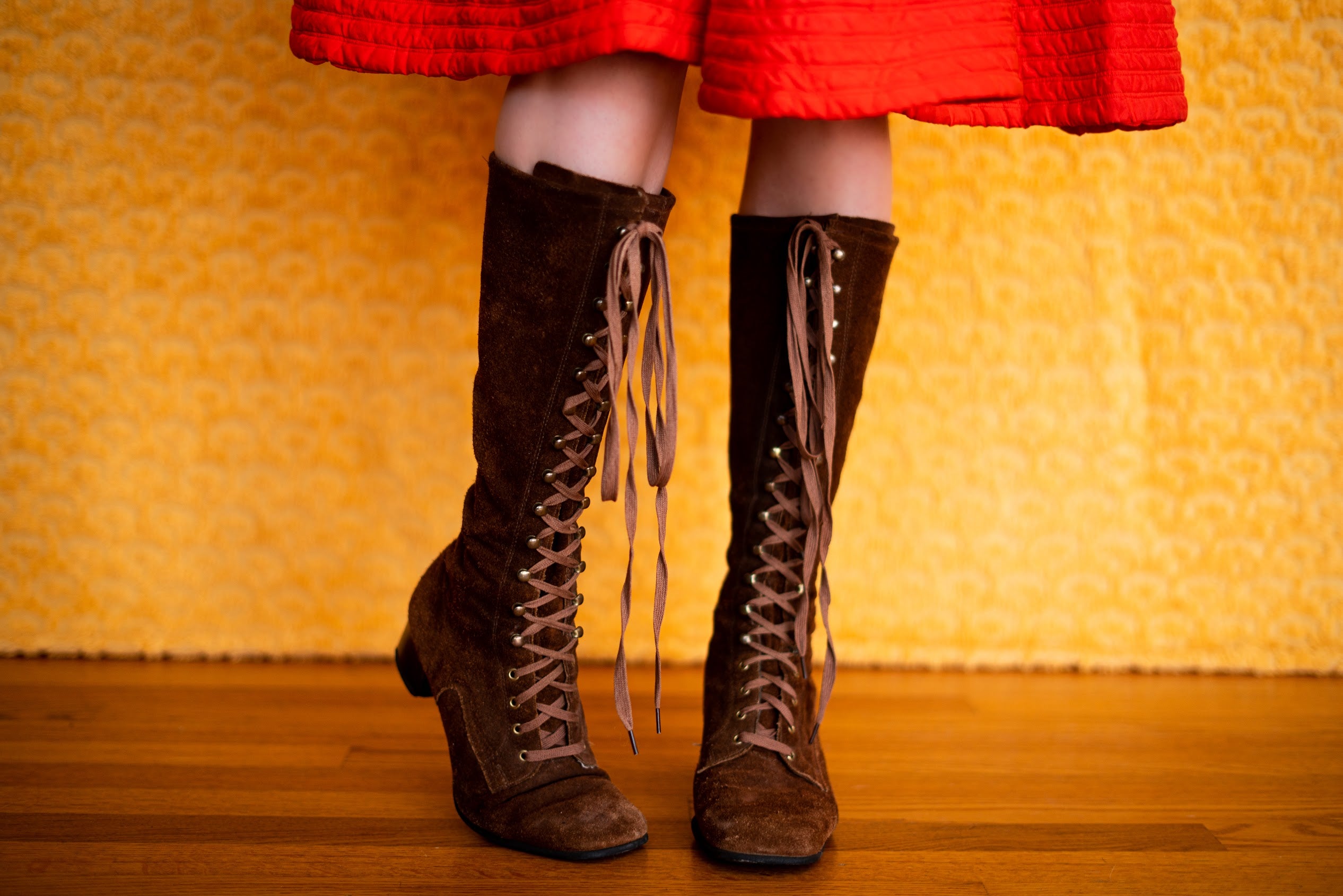 70s Black Leather Lace Up Knee High Boots