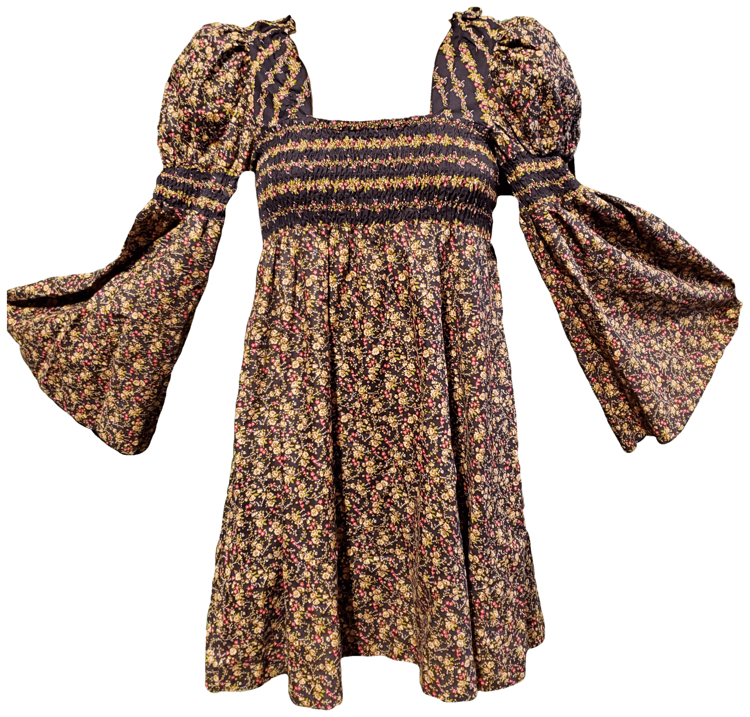 Vintage 70's Bell Sleeve Cottage Core Prairie Calico Mini Dress by Young Innoc