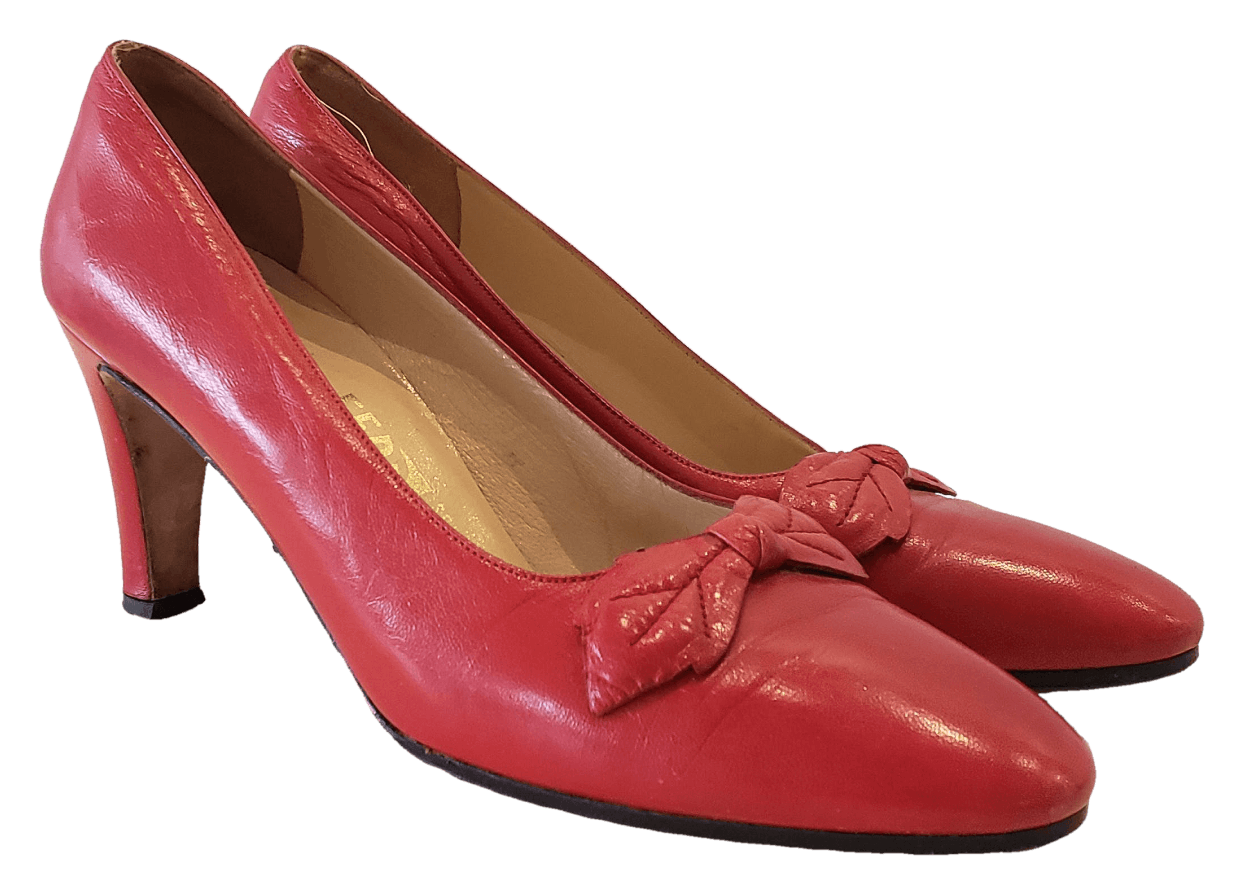 Vintage Red Closed Toe Heels with Bows by Salvatore Ferragamo Shop