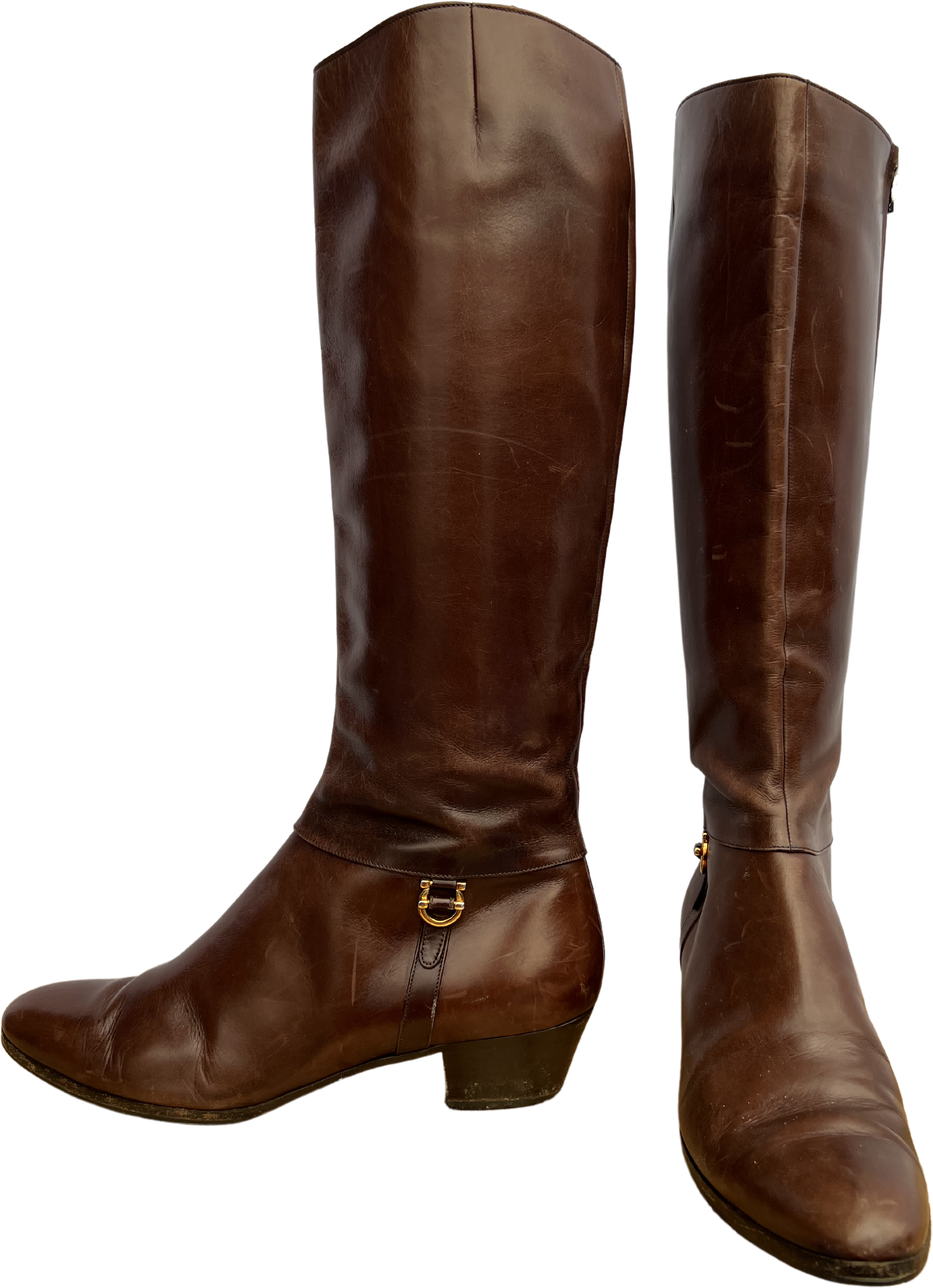 Vintage 90s/00s Knee High Brown Leather Boots By Salvatore Ferragamo ...