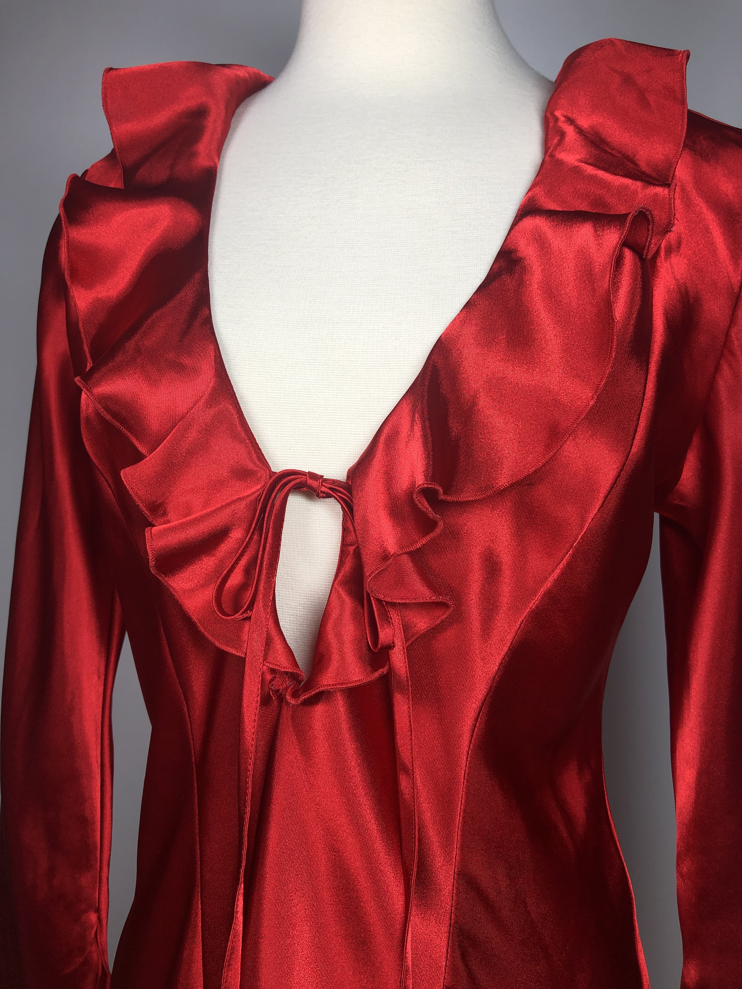 Vintage Silky Red Ruffle Neck Bell Sleeve Mini Dress by Frederick’s Of ... Vintage Silky Red Ruffle Neck Bell Sleeve Mini Dress by Frederick’s Of ...