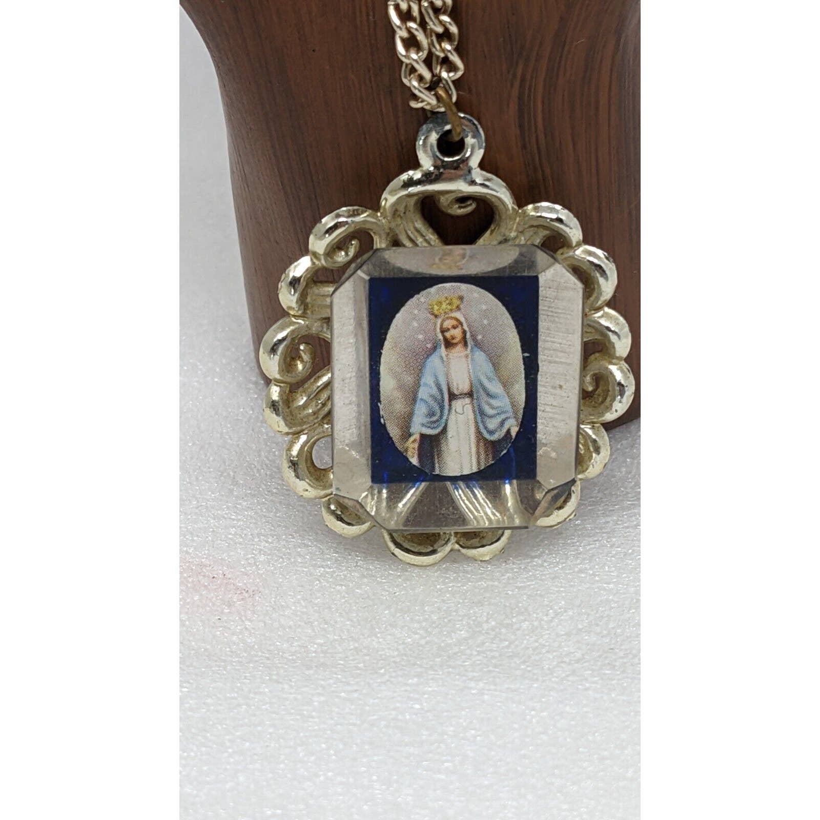 Vintage Blue Enamel Lucite Cameo Pendant Medal Miraculous Virgin Mary ...