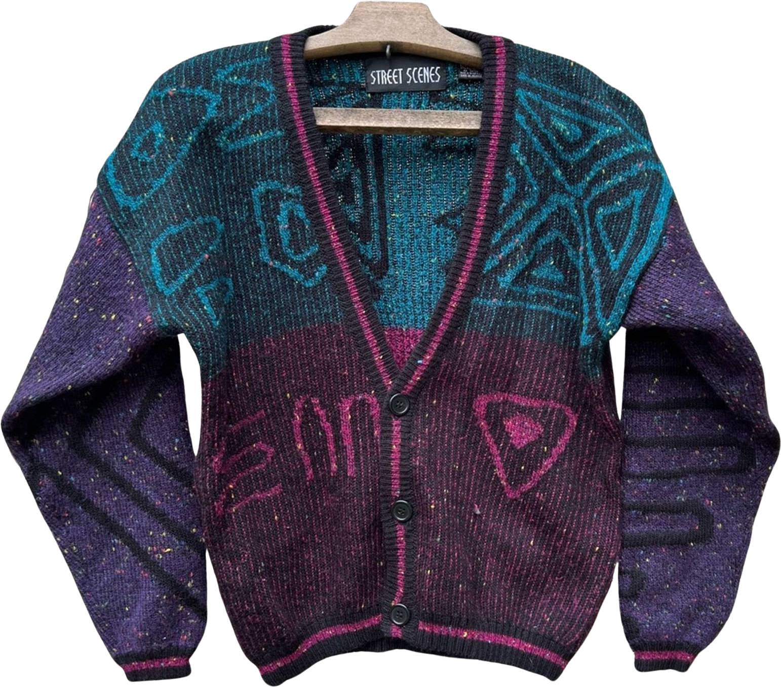 Street Scenes plum turquoise magenta art deco button offers front crop cardigan vintage