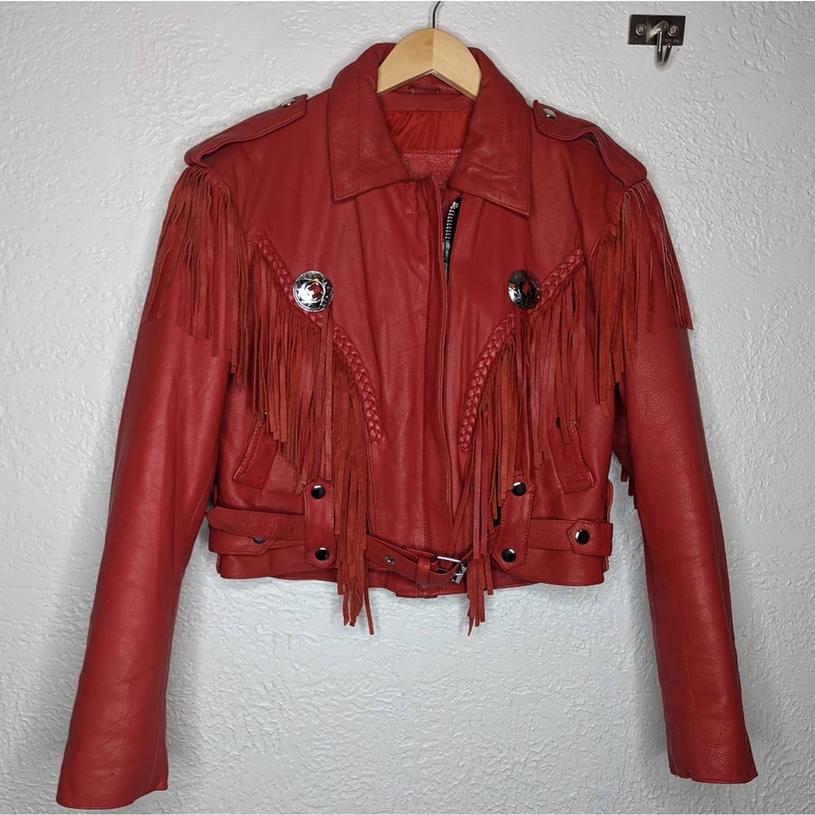 Vintage Moto Jacket hot Red Leather Cropped Fringe Insulated