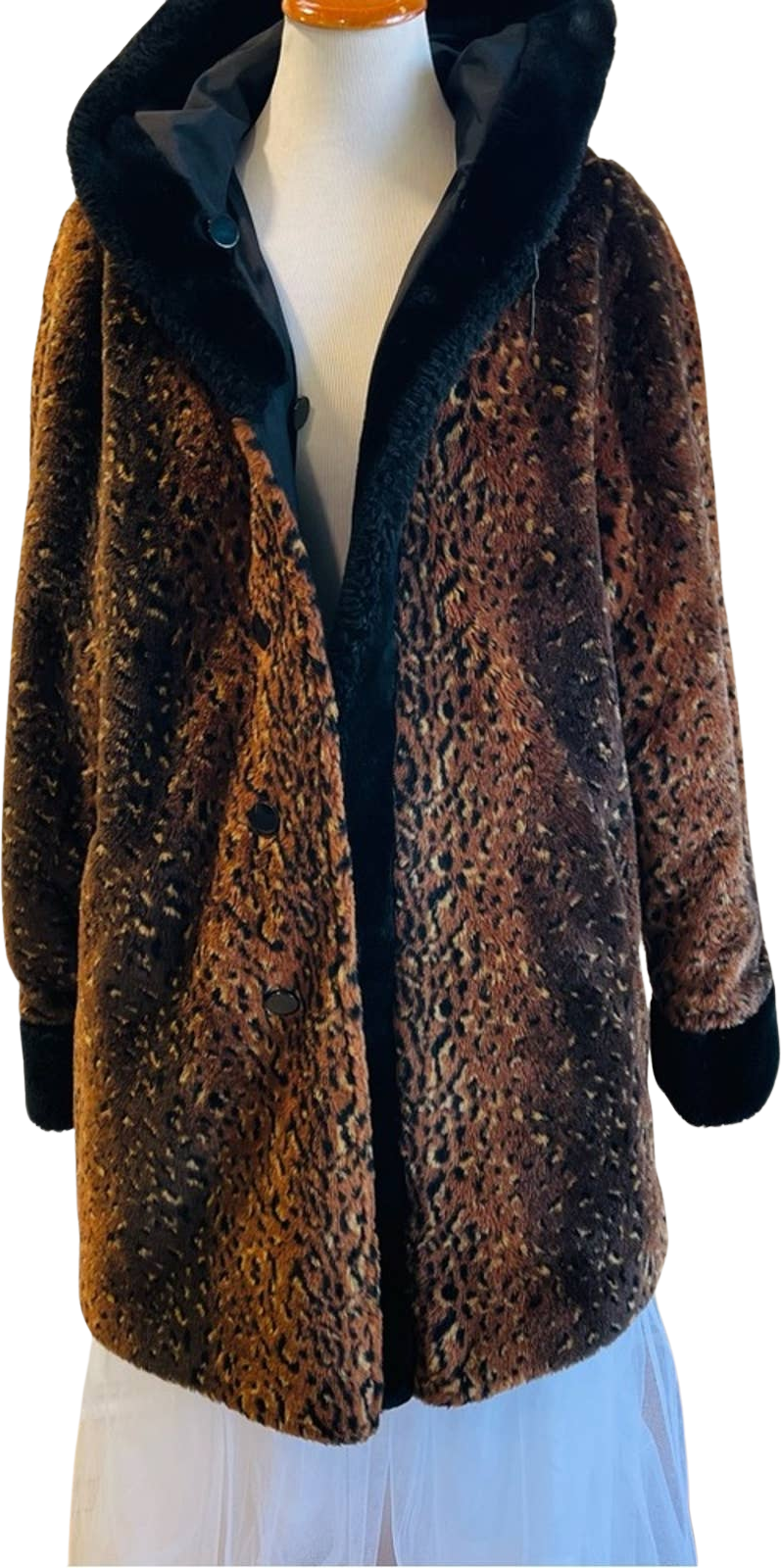 Vintage 90s Faux Fur Leopard Print Coat Reversible Pockets Hooded Medium  Fall by Fitz Wright