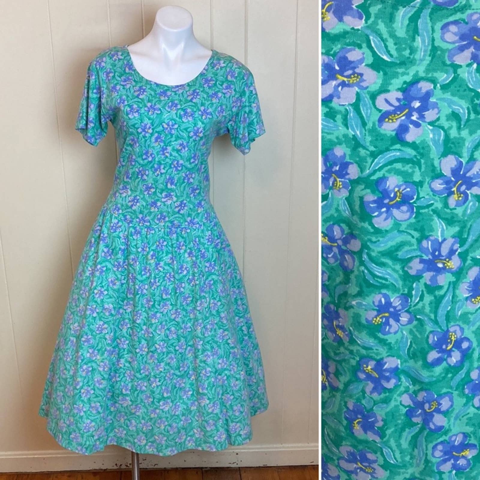 Vintage 80s 90s Fit And Flare Rockabilly Floral Dress Spring Summer 