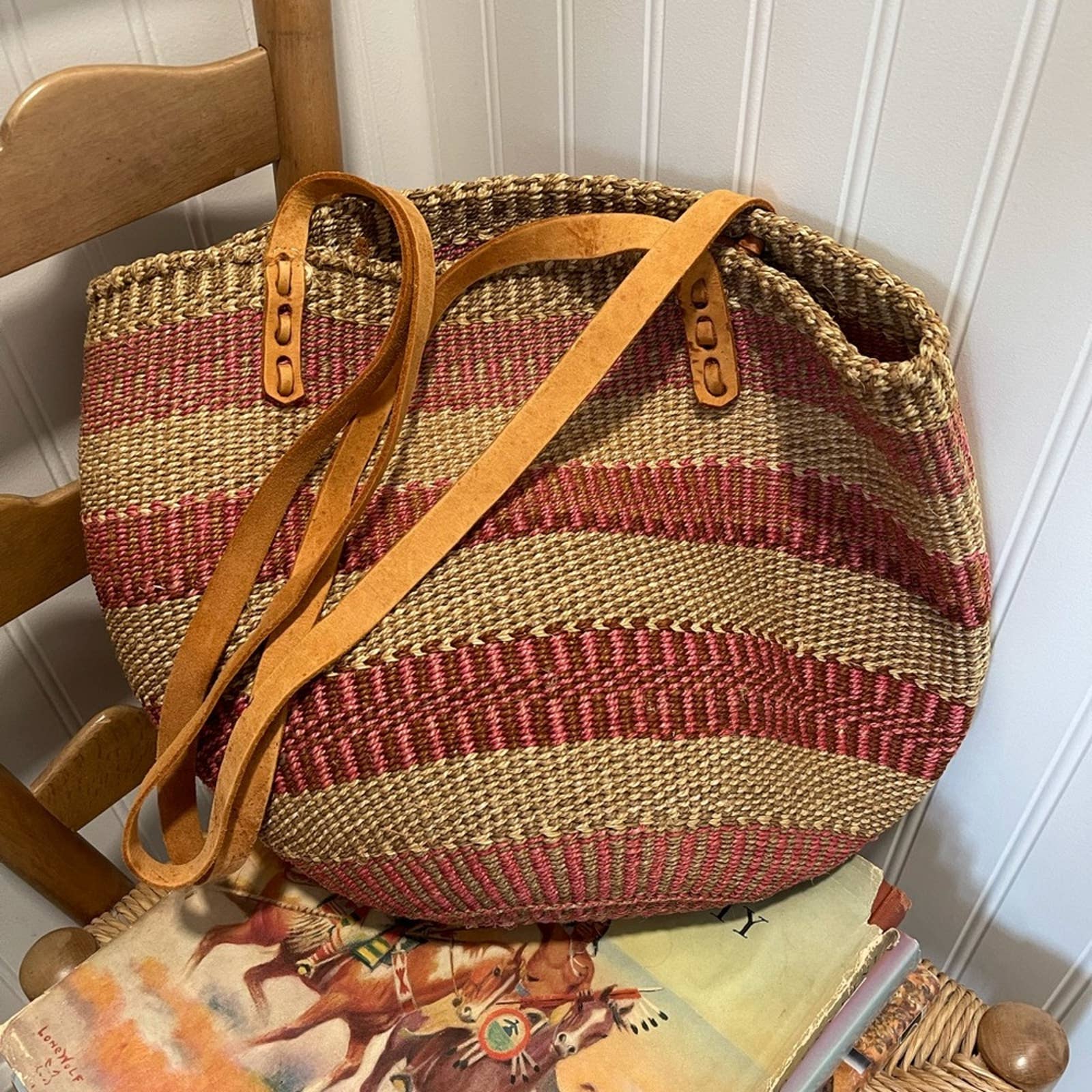 Vintage Sisal Leather Straps Market Bag Shop THRILLING