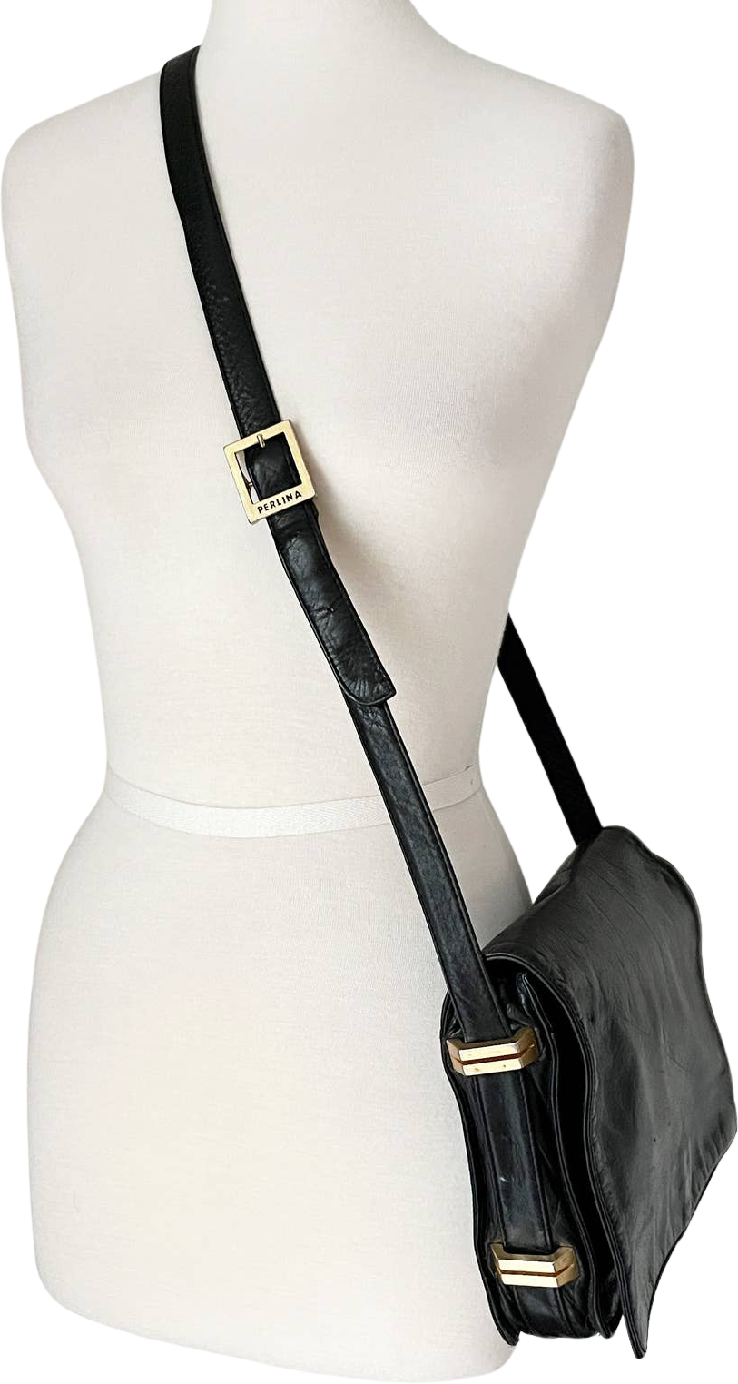 Vintage Black Leather Gold Hardware Flap Crossbody Shoulder Bag by