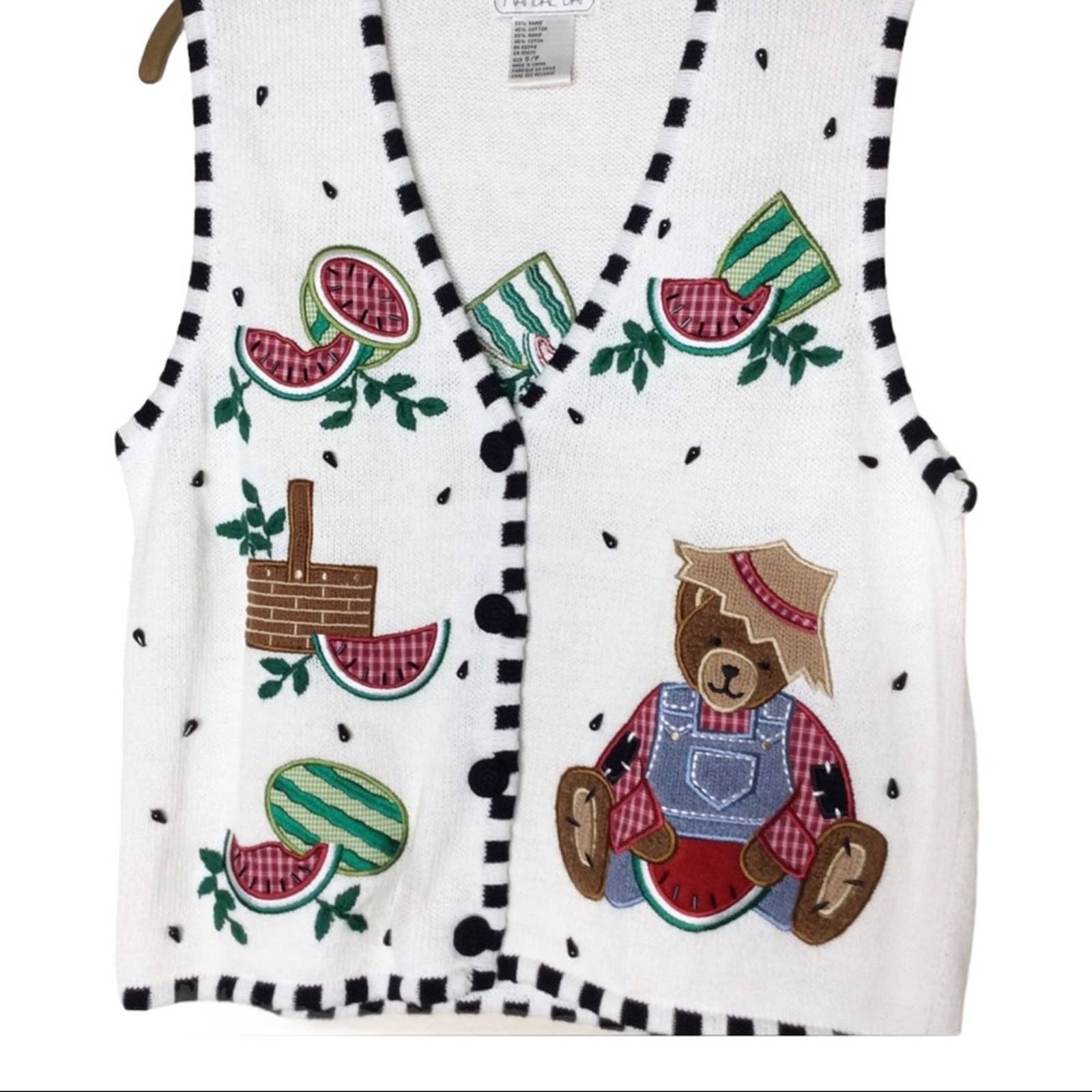 Vintage Sweater Vest 90s Bear Beaded Watermelon Picnic Embroidered Kaw Shop THRILLING