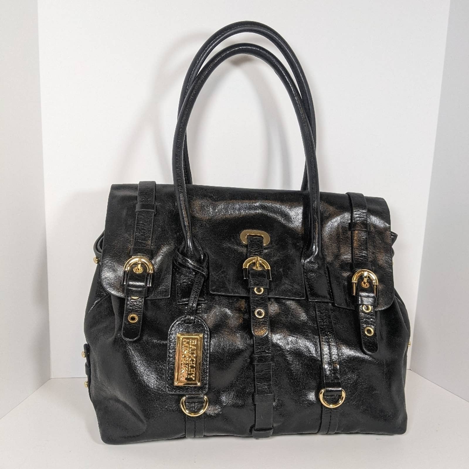 Vintage Badgley selling Mischka Black Leather Handbag W/ Buckle 12