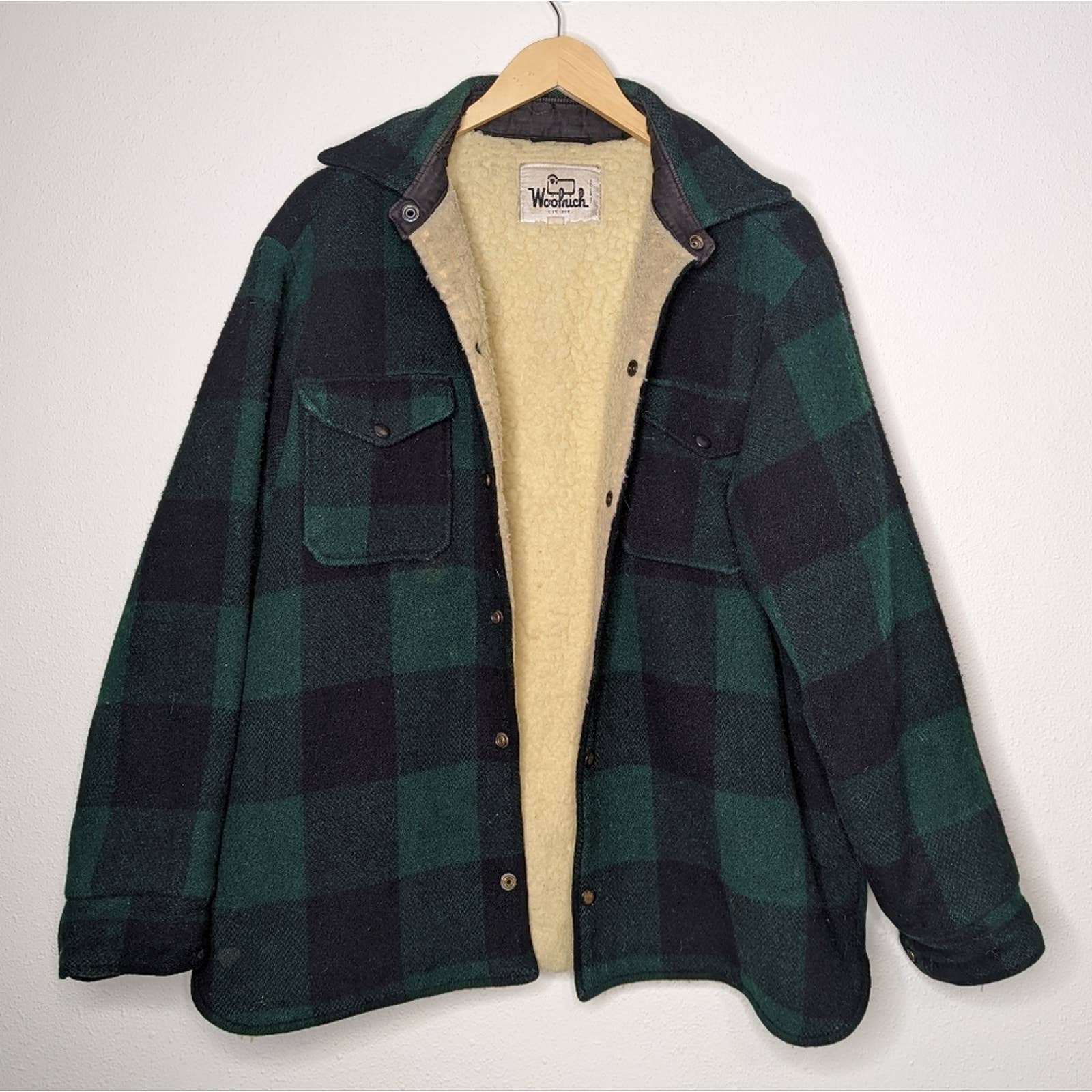 Vintage 60s Woolrich Sherpa Fleece Lined Wool Shirt Jacket Green Black Shop Thrilling 1561