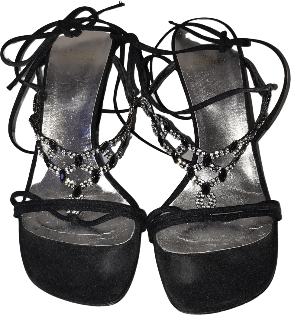 Vintage 00's Black Leather Rhinestone Ankle Wrap Sandal Heels by Stuart