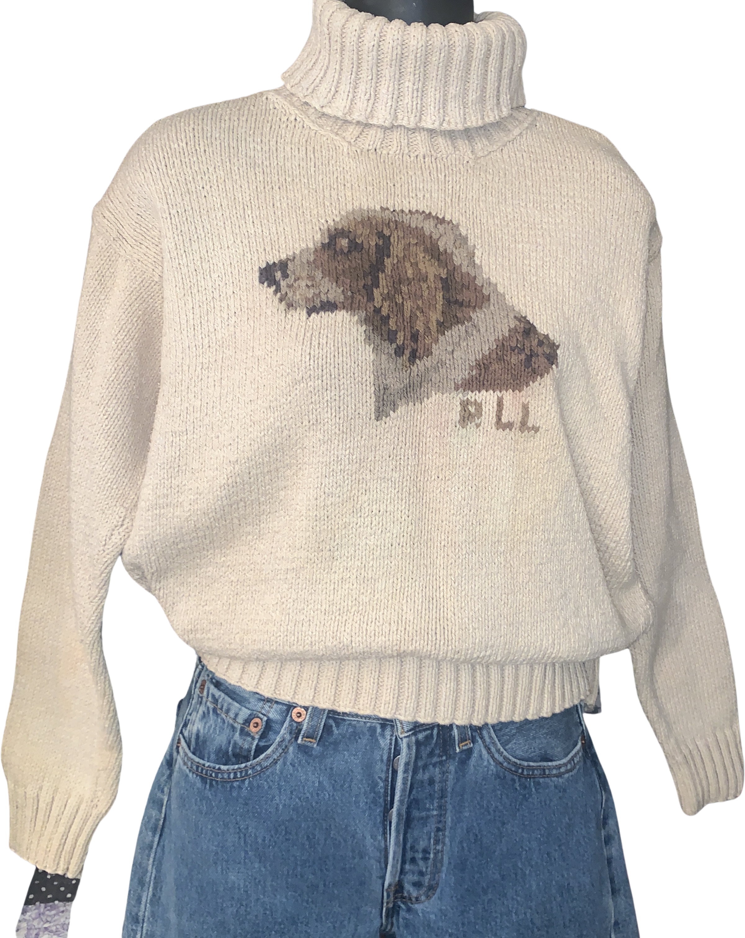 Vintage 80s/90s Handknit Heavy Cotton Dog Intarsia Turtleneck By