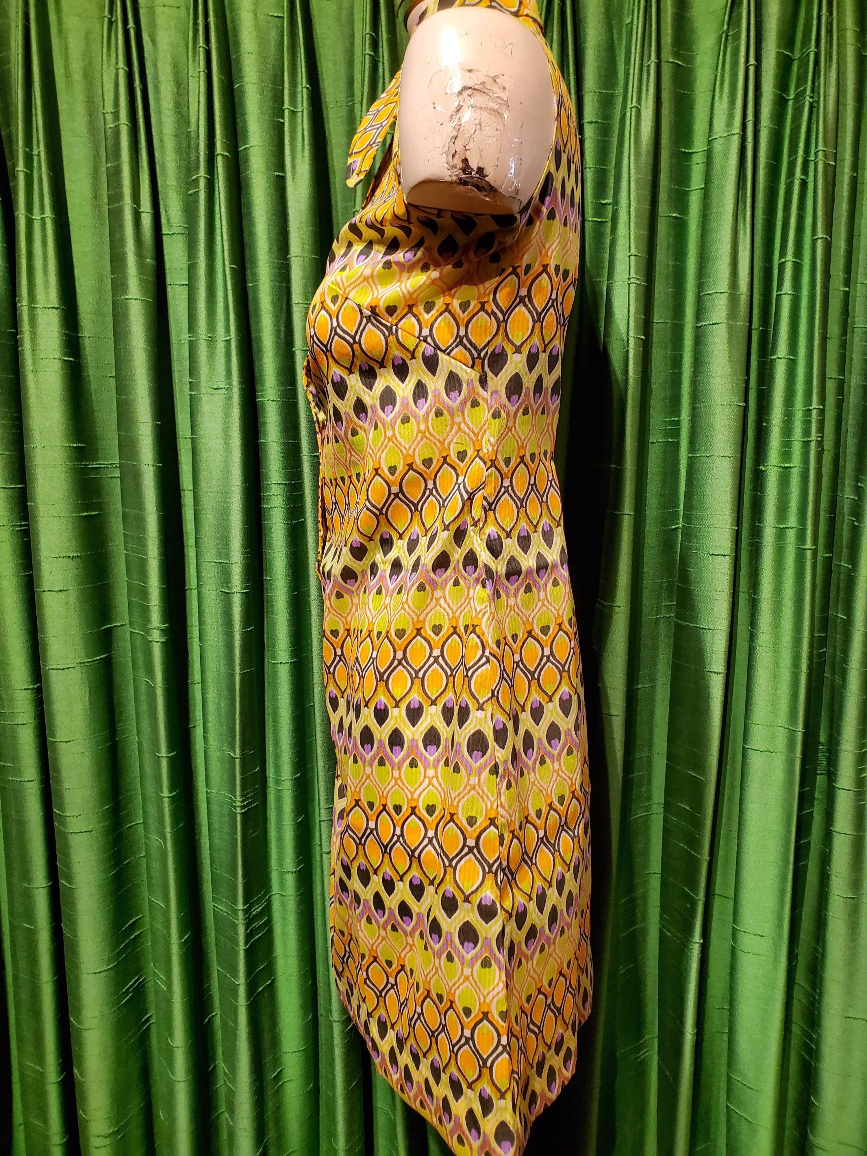 Vintage 60s Yellow & Brown Floral Long Sleeve Big Collar Dress