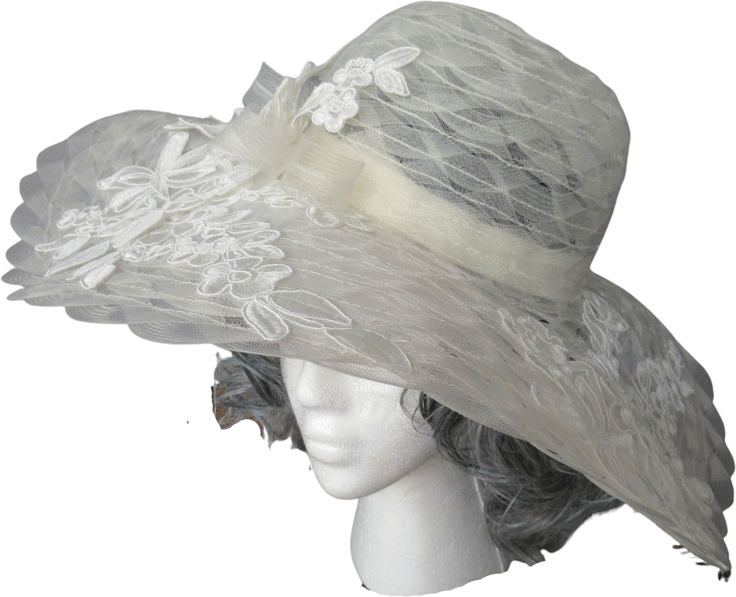 Vintage Hat Spectacular 6 Inch Wide Brim White Lace, Ribbon and