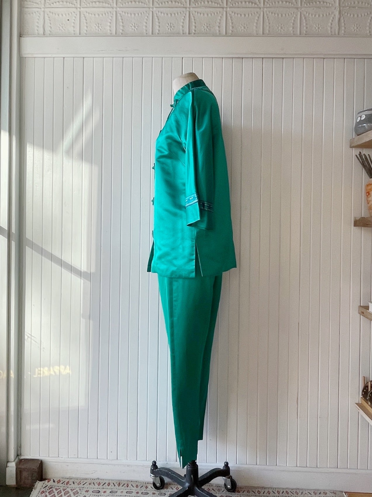 Vintage 60s Emerald Green Satin Pant Suit Coordinate Two Piece Set by ...