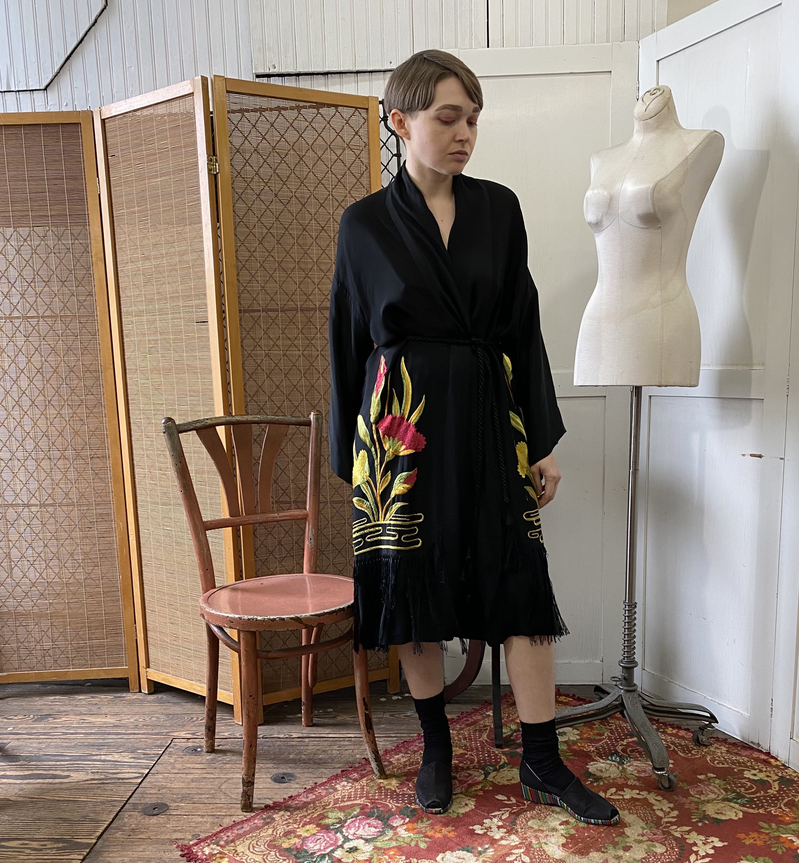Clockwork Embroidered Robe Vintage 20's Silk Embroidered Robe with Rope Belt | Shop THRILLING