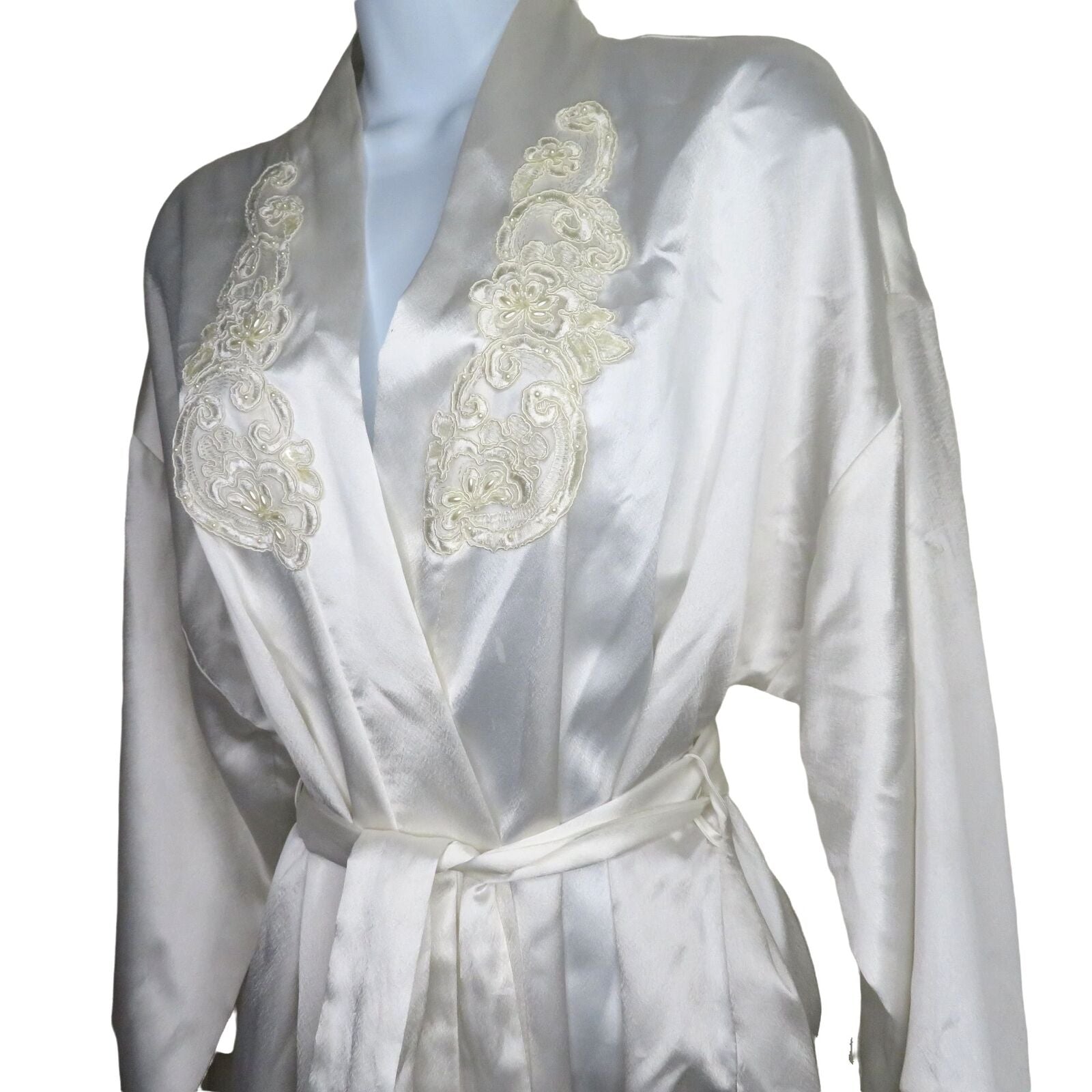 Embroidered White Robe Vintage Full Length White Satin Robe L Beaded Lace Embroidery Bridal b ...