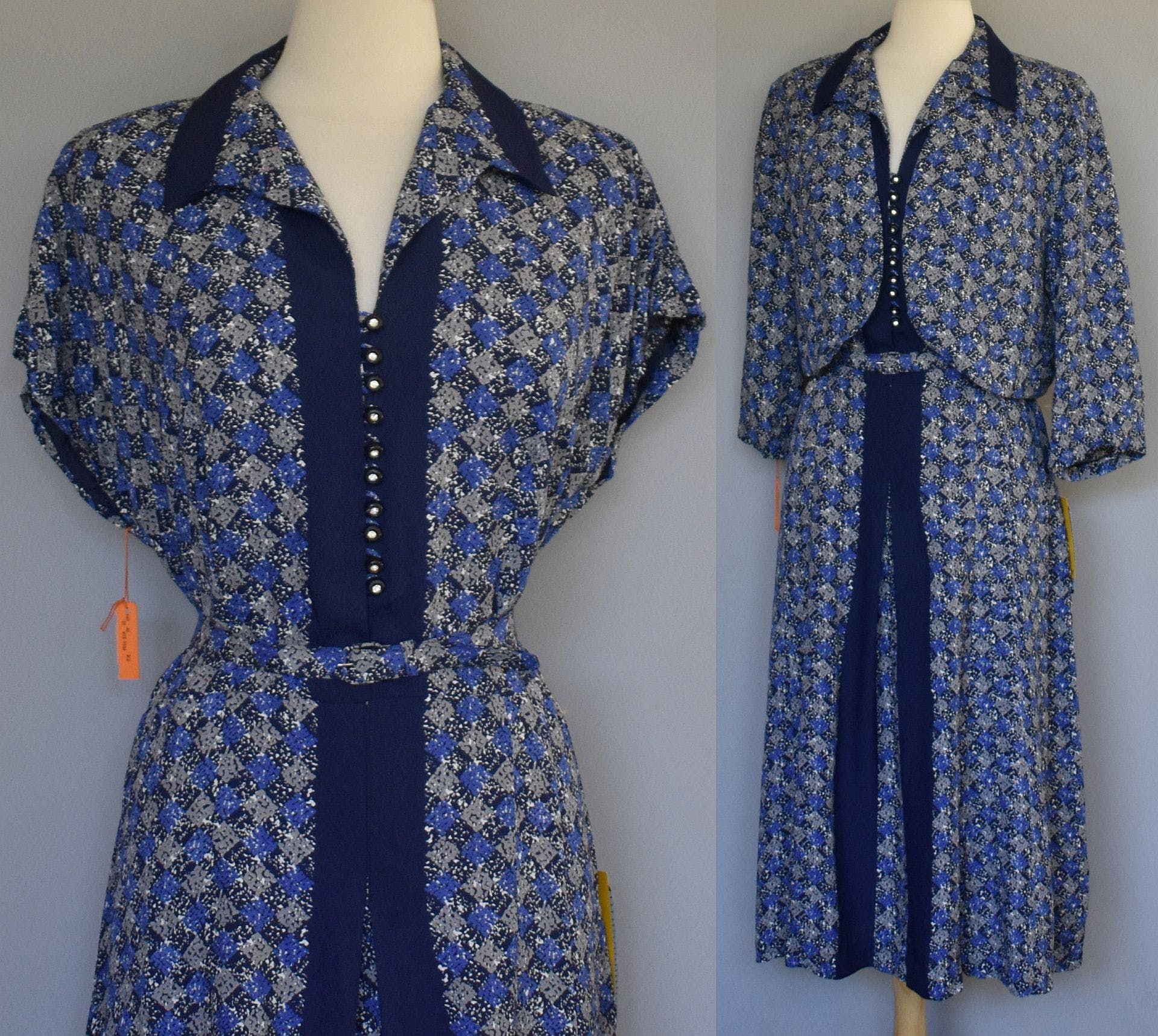 Vintage 40’s Rayon Crepe Dress and Jacket, Two Piece Dress Set, Blue ...