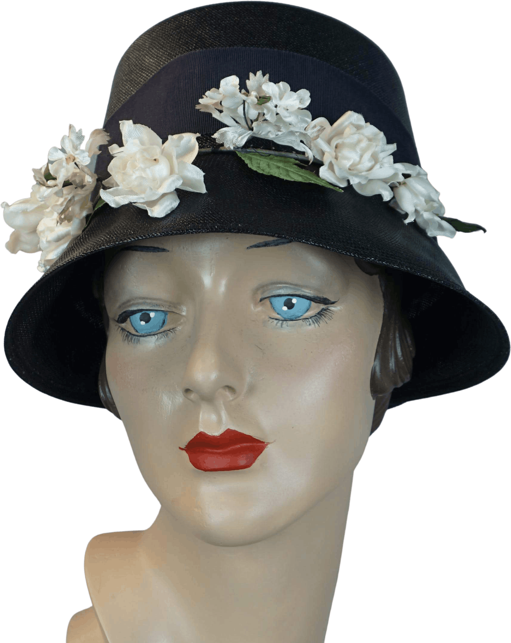 Vintage 50's Navy Blue Straw Bucket Style Hat with Floral Wreath Shop