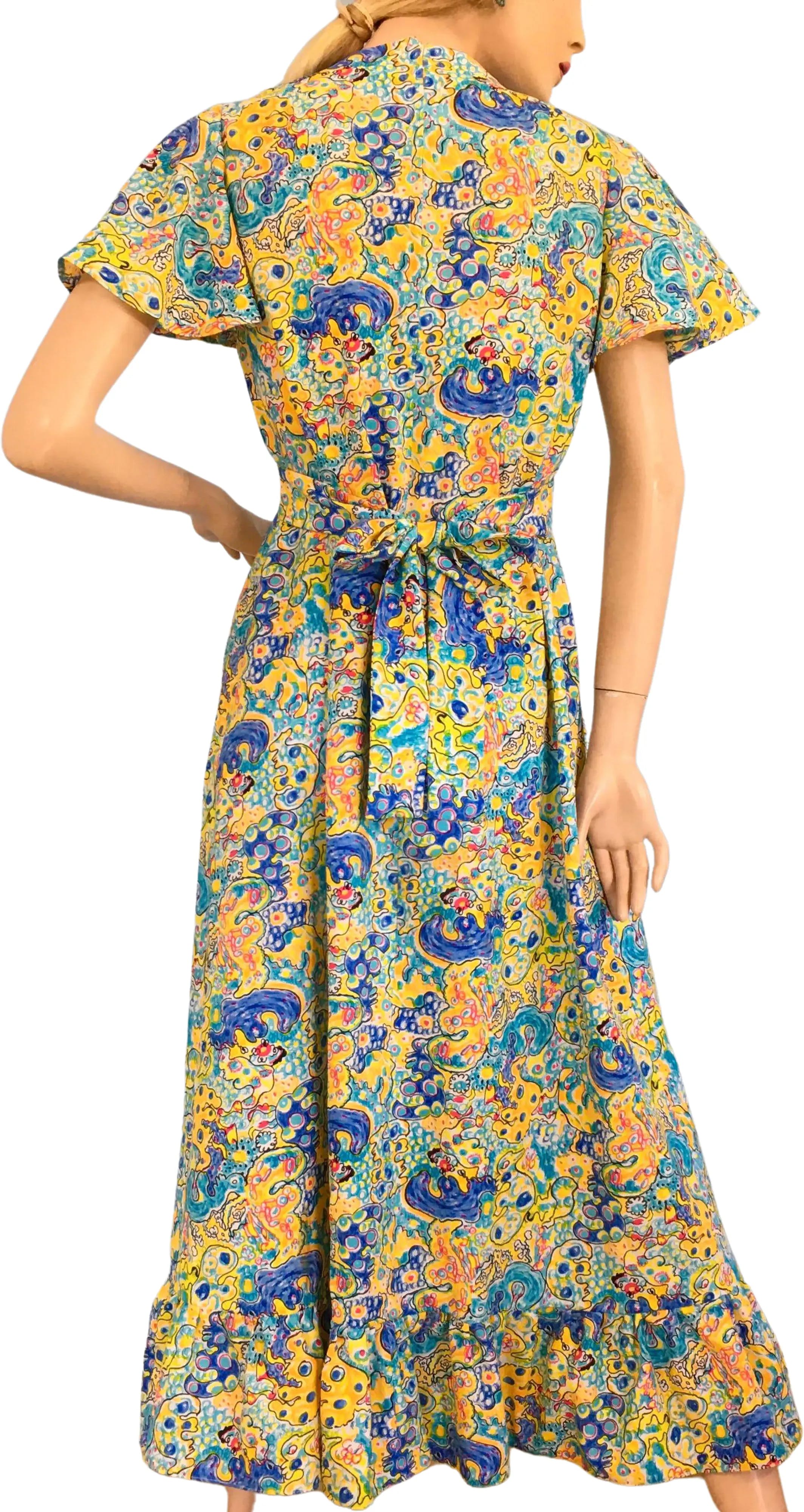 Vintage 60's/70's Multicolor Abstract Print Flutter Sleeve Maxi Dress