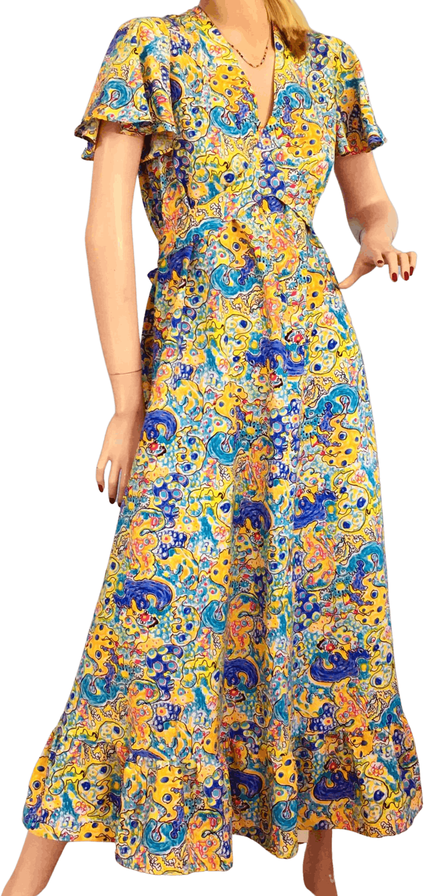 Vintage 60's/70's Multicolor Abstract Print Flutter Sleeve Maxi Dress