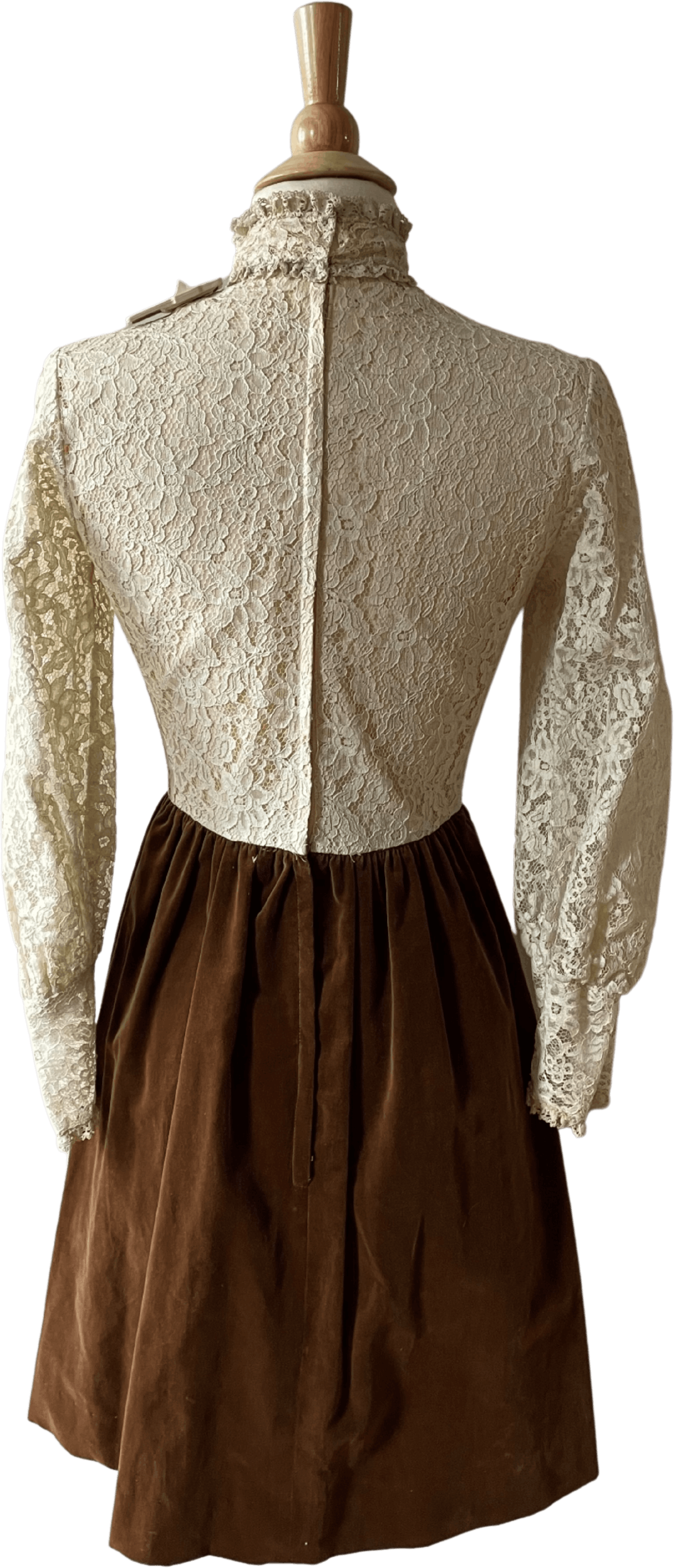 Vintage 60’s Mod Ivory Lace and Brown Velvet Dress Shop THRILLING