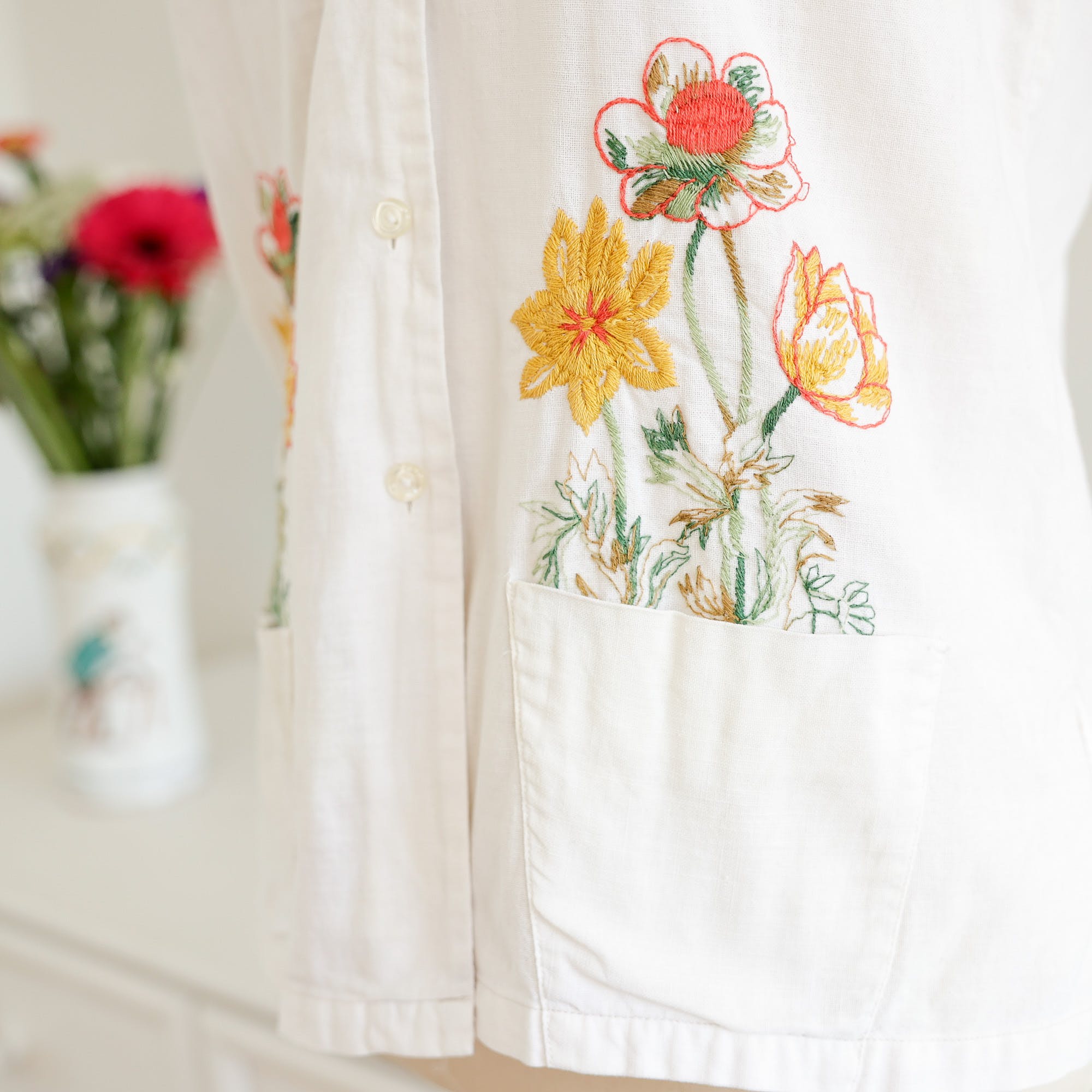 Vintage 60's Sleeveless Embroidered Flower Pot Pocket Linen Blouse ...
