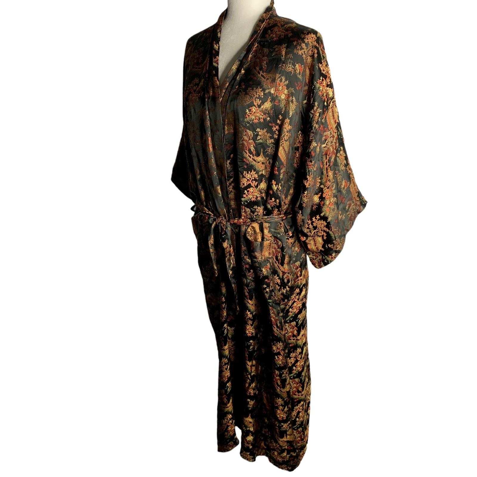 Vintage Solz Squirrel Jacquard Satin Robe M Black Gold Pagoda Floral b ...