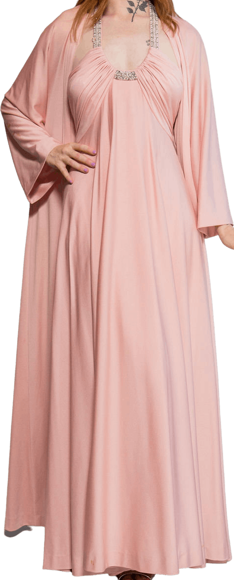 Vintage 70’s Pink Silk Rhinestone Halter Dress with Duster Set by ...