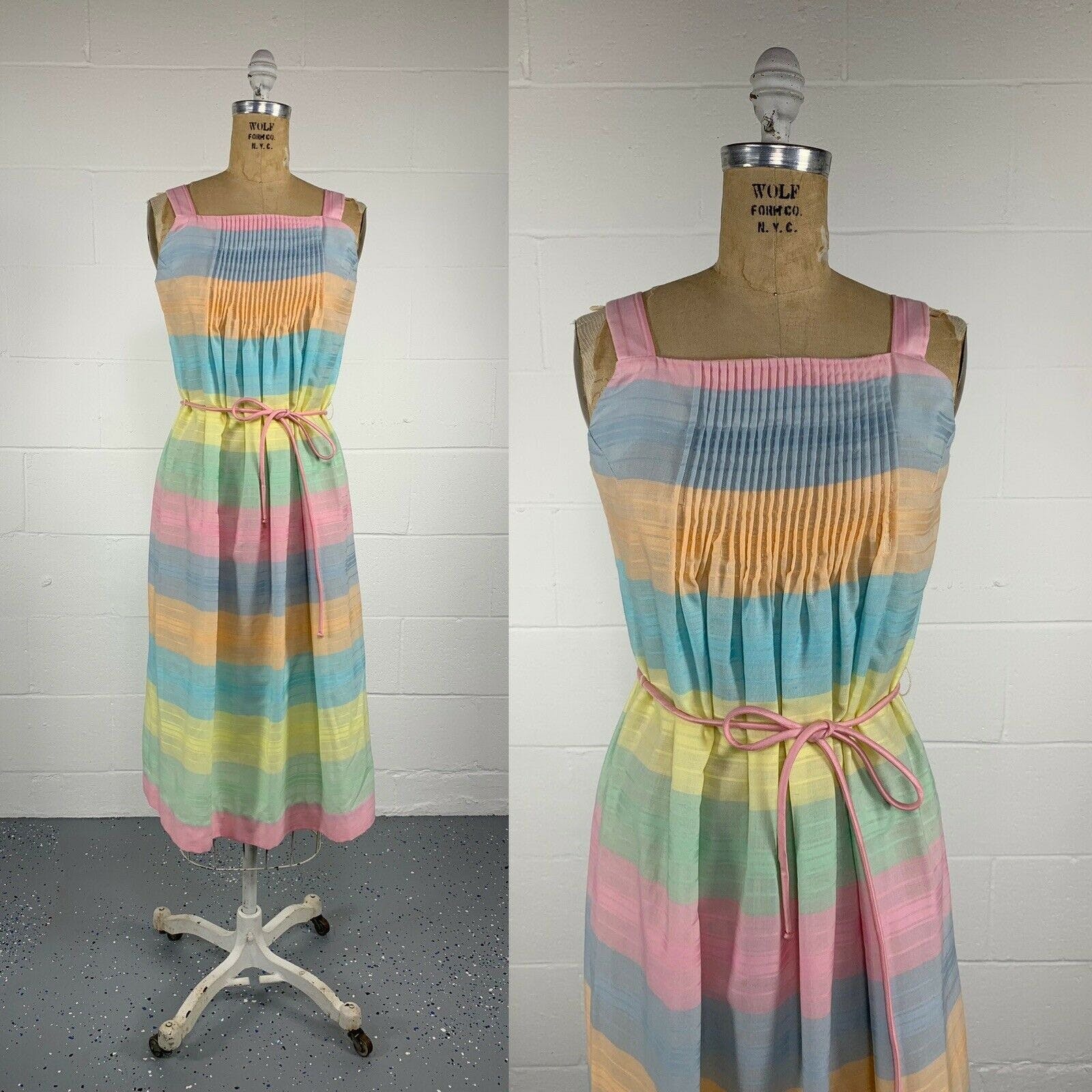 Vintage 70’s Sheer Pastel Stripe Belted Popover Day Dress by Serbin Of ...