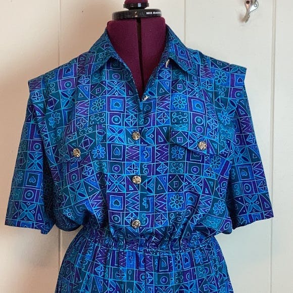 Vintage 80s 90s Graphic Square Blousy Shirt Dress By Leslie Fay