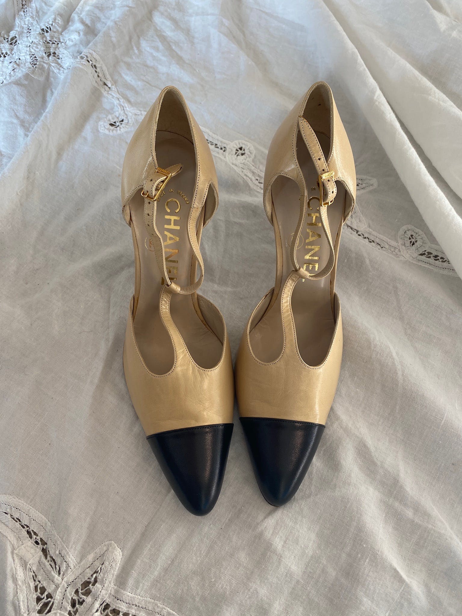 Vintage 90's T-Strap Two Tone Mary Jane Pumps by Chanel | Shop THRILLING